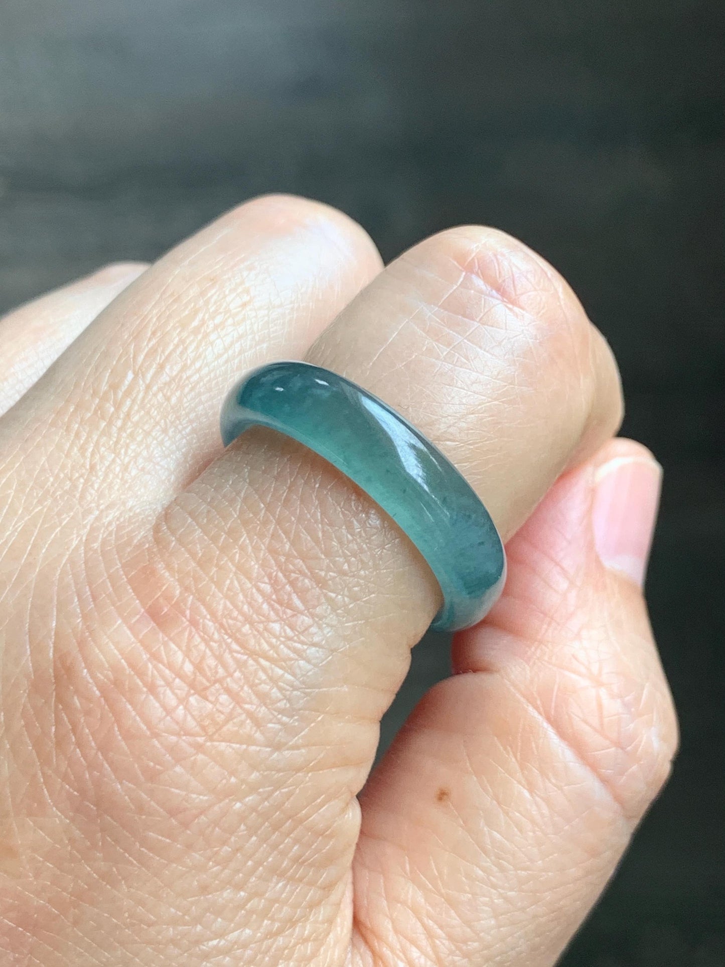 Natural Guatemalan Grade A Icy Translucent Teal Blue Jade Jadeite Jieyang Band Ring Comfort Fit Size 9.75 US 4g 天然冰胶危蓝翡翠揭阳工戒圈 WJQ220B