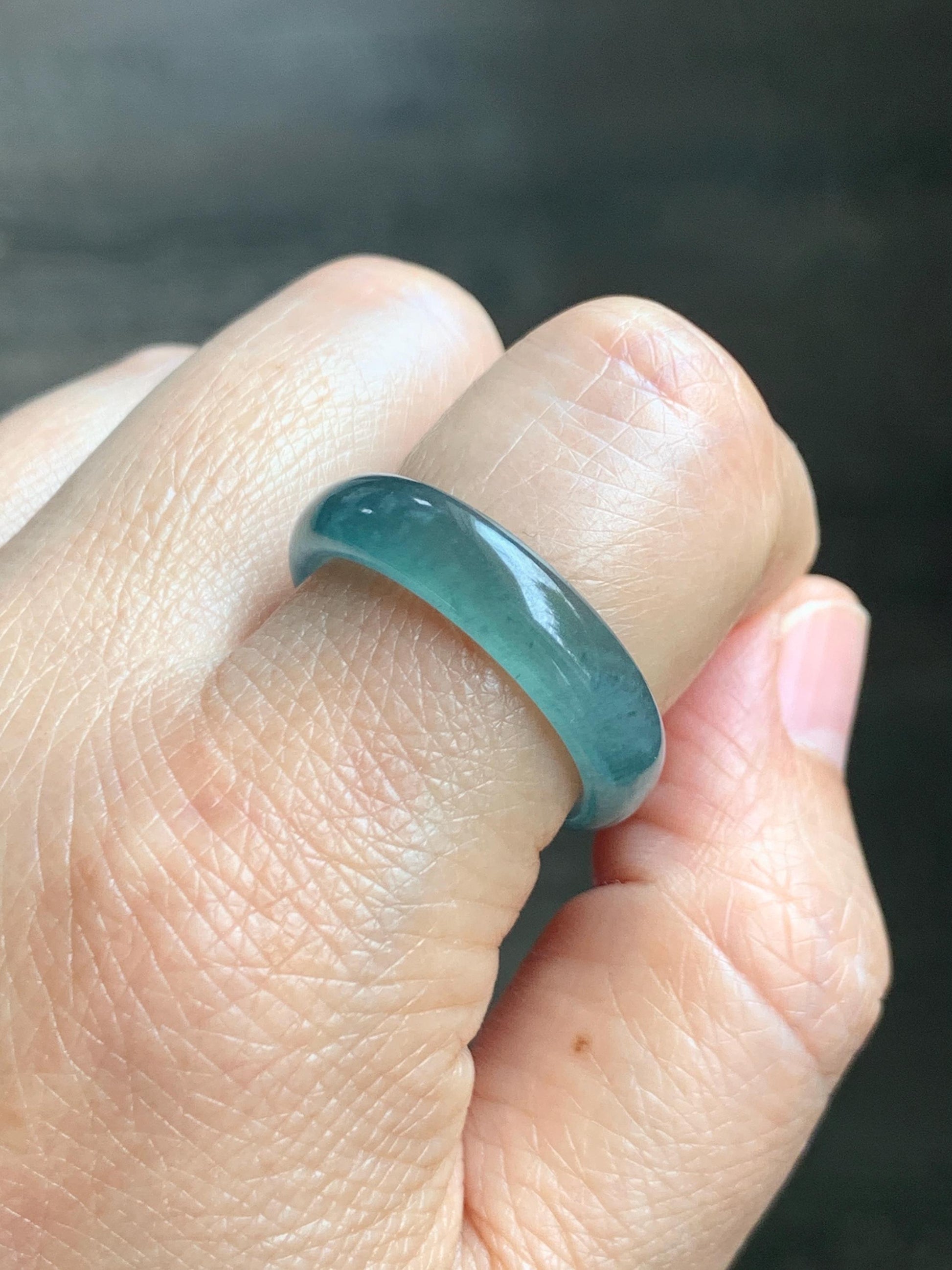 Natural Guatemalan Grade A Icy Translucent Teal Blue Jade Jadeite Jieyang Band Ring Comfort Fit Size 9.75 US 4g 天然冰胶危蓝翡翠揭阳工戒圈 WJQ220B