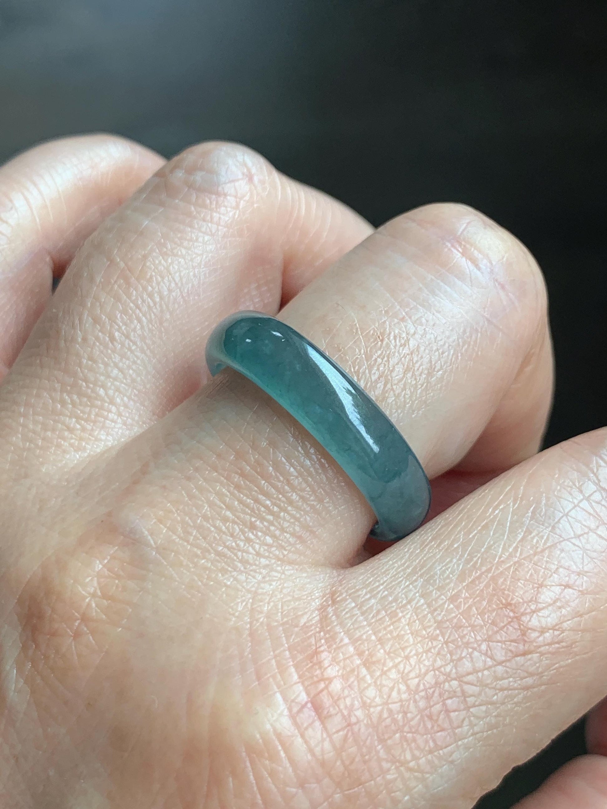 Natural Guatemalan Grade A Icy Translucent Teal Blue Jade Jadeite Jieyang Band Ring Comfort Fit Size 9.75 US 4g 天然冰胶危蓝翡翠揭阳工戒圈 WJQ220B
