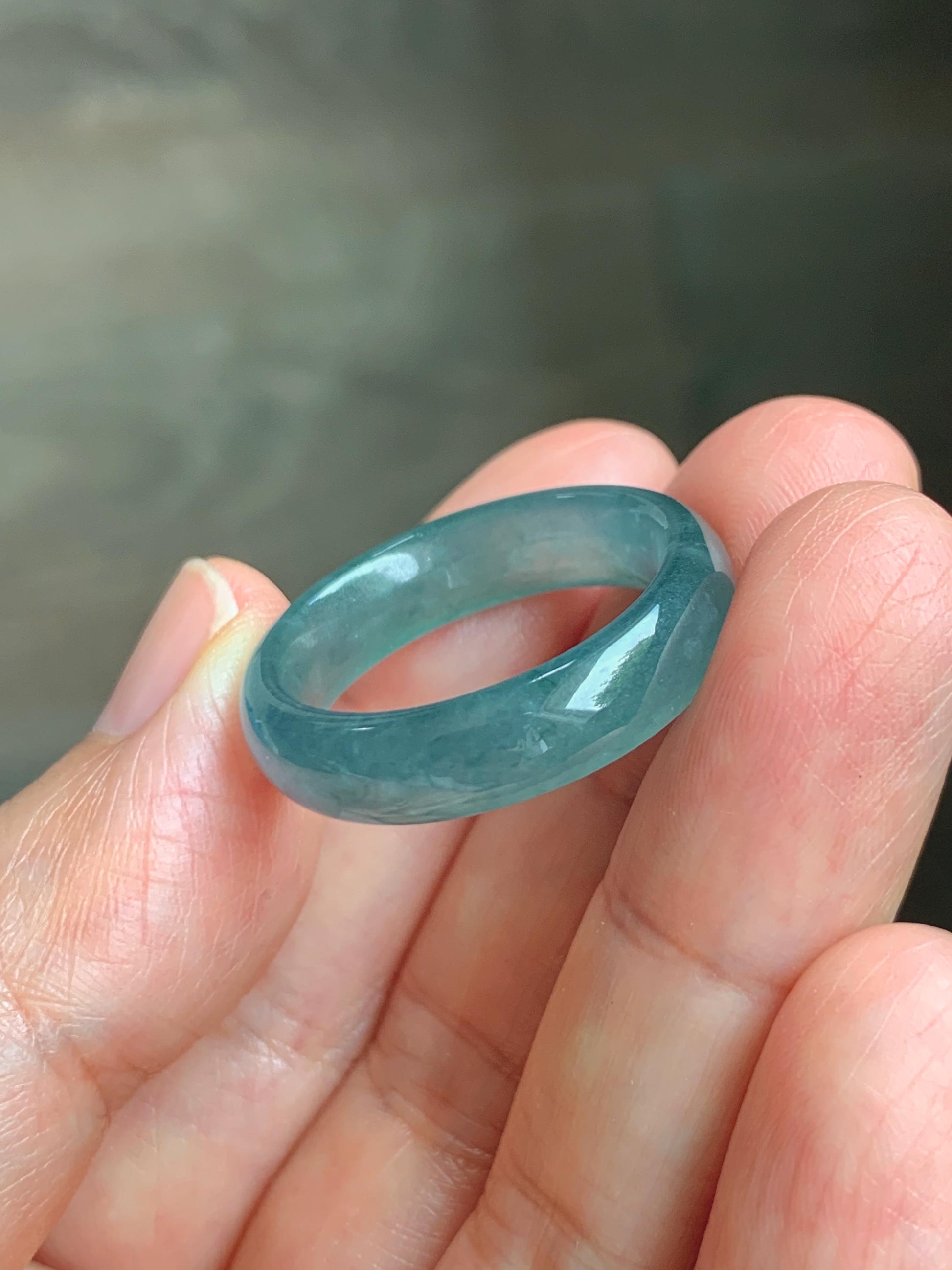 Natural Guatemalan Grade A Icy Translucent Teal Blue Jade Jadeite Jieyang Band Ring Comfort Fit Size 9.75 US 4g 天然冰胶危蓝翡翠揭阳工戒圈 WJQ220B
