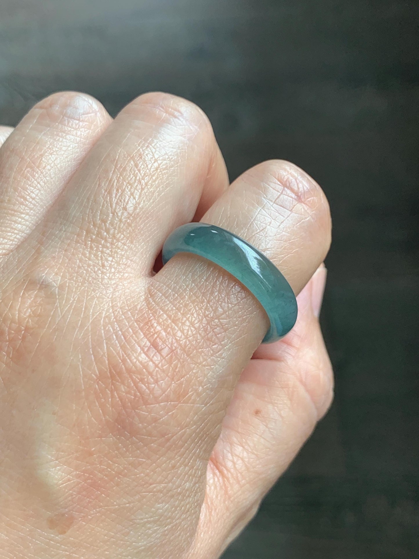 Natural Guatemalan Grade A Icy Translucent Teal Blue Jade Jadeite Jieyang Band Ring Comfort Fit Size 9.75 US 4g 天然冰胶危蓝翡翠揭阳工戒圈 WJQ220B