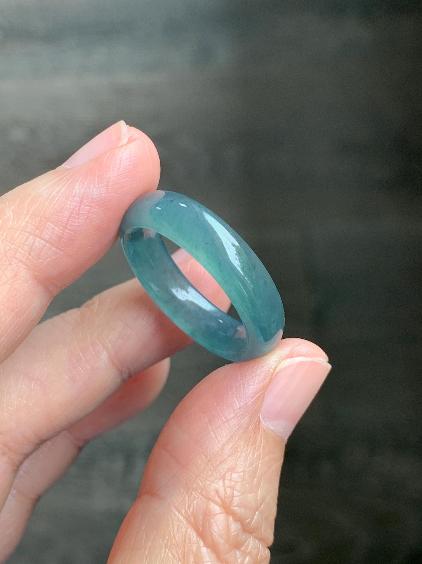 Natural Guatemalan Grade A Icy Translucent Teal Blue Jade Jadeite Jieyang Band Ring Comfort Fit Size 9.75 US 4g 天然冰胶危蓝翡翠揭阳工戒圈 WJQ220B