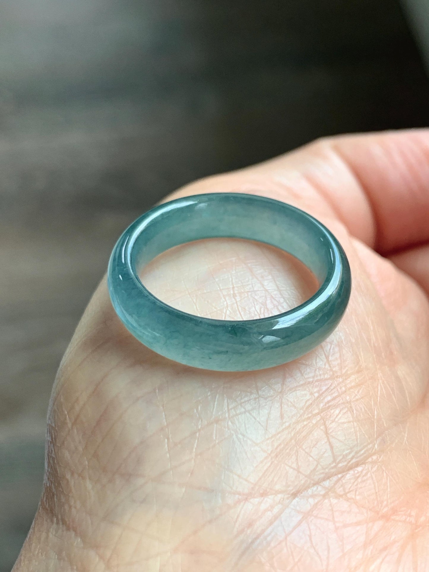 Natural Guatemalan Grade A Icy Translucent Teal Blue Jade Jadeite Jieyang Band Ring Comfort Fit Size 9.75 US 4g 天然冰胶危蓝翡翠揭阳工戒圈 WJQ220B