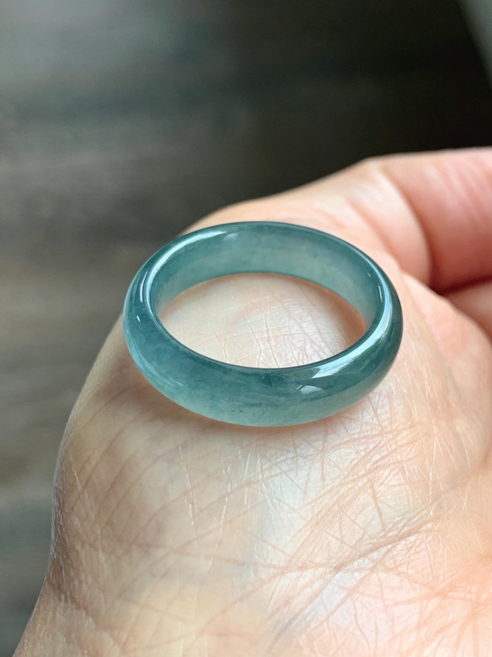 Natural Guatemalan Grade A Icy Translucent Teal Blue Jade Jadeite Jieyang Band Ring Comfort Fit Size 9.75 US 4g 天然冰胶危蓝翡翠揭阳工戒圈 WJQ220B