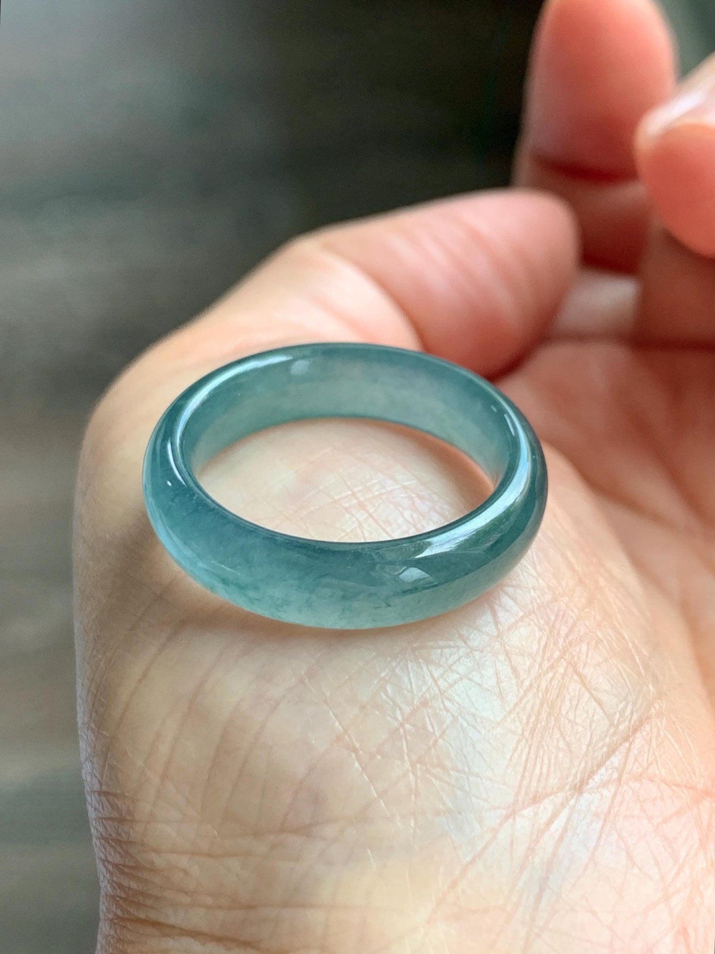 Natural Guatemalan Grade A Icy Translucent Teal Blue Jade Jadeite Jieyang Band Ring Comfort Fit Size 9.75 US 4g 天然冰胶危蓝翡翠揭阳工戒圈 WJQ220B