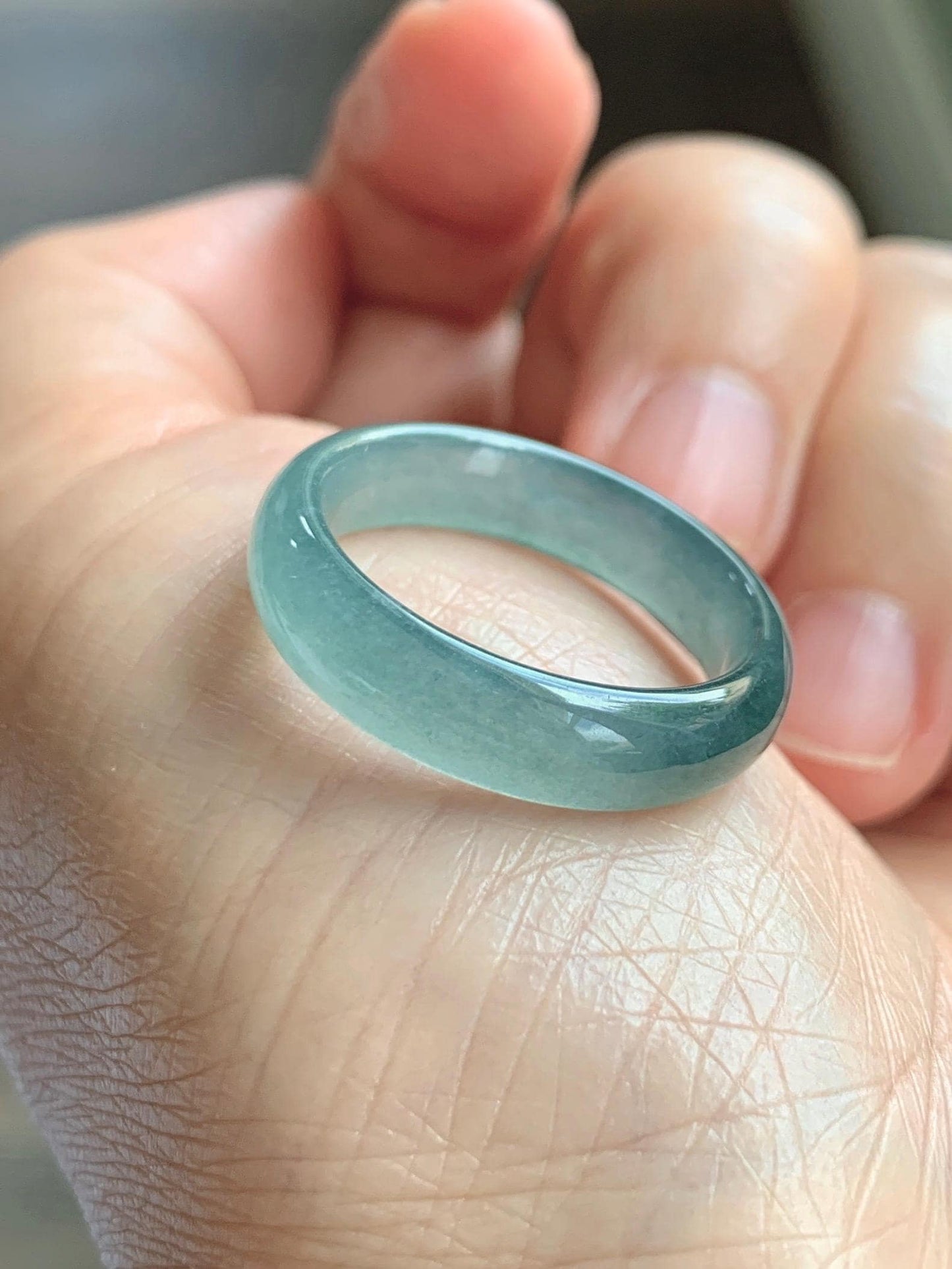 Natural Guatemalan Grade A Icy Translucent Teal Blue Jade Jadeite Jieyang Band Ring Comfort Fit Size 9.75 US 3g 天然冰胶危蓝翡翠揭阳工戒圈 WJQ220A