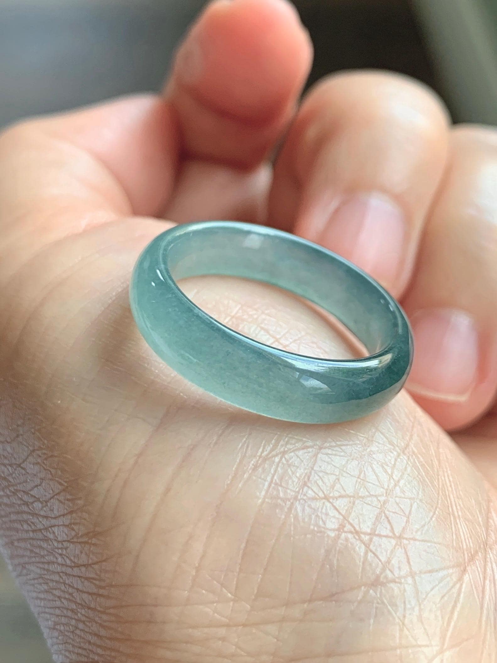 Natural Guatemalan Grade A Icy Translucent Teal Blue Jade Jadeite Jieyang Band Ring Comfort Fit Size 9.75 US 3g 天然冰胶危蓝翡翠揭阳工戒圈 WJQ220A