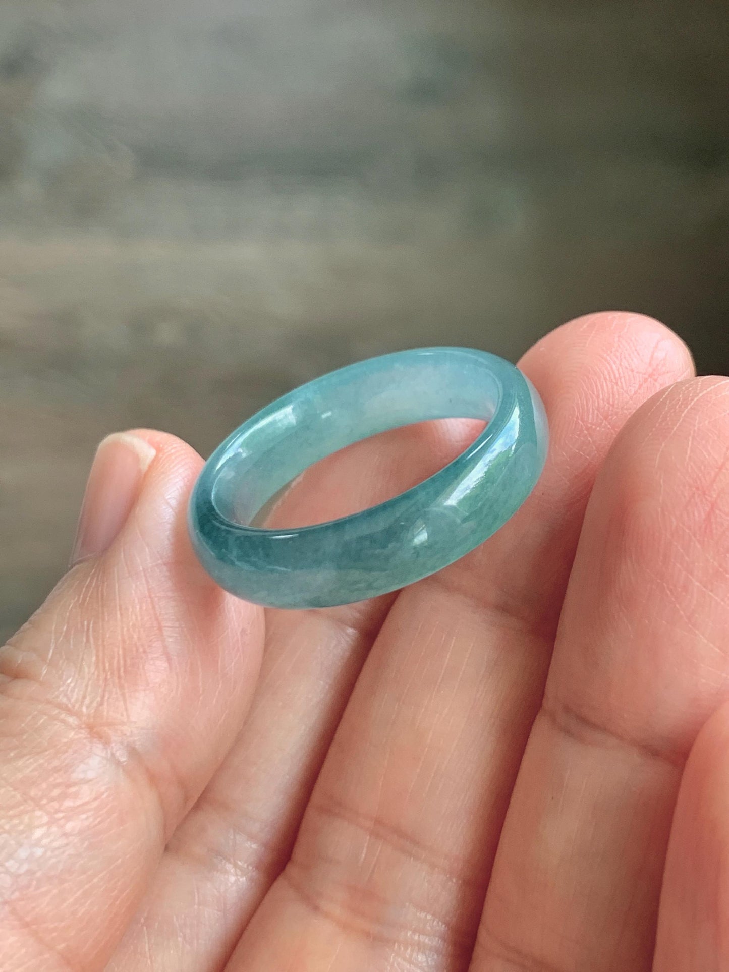 Natural Guatemalan Grade A Icy Translucent Teal Blue Jade Jadeite Jieyang Band Ring Comfort Fit Size 9.75 US 3g 天然冰胶危蓝翡翠揭阳工戒圈 WJQ220A