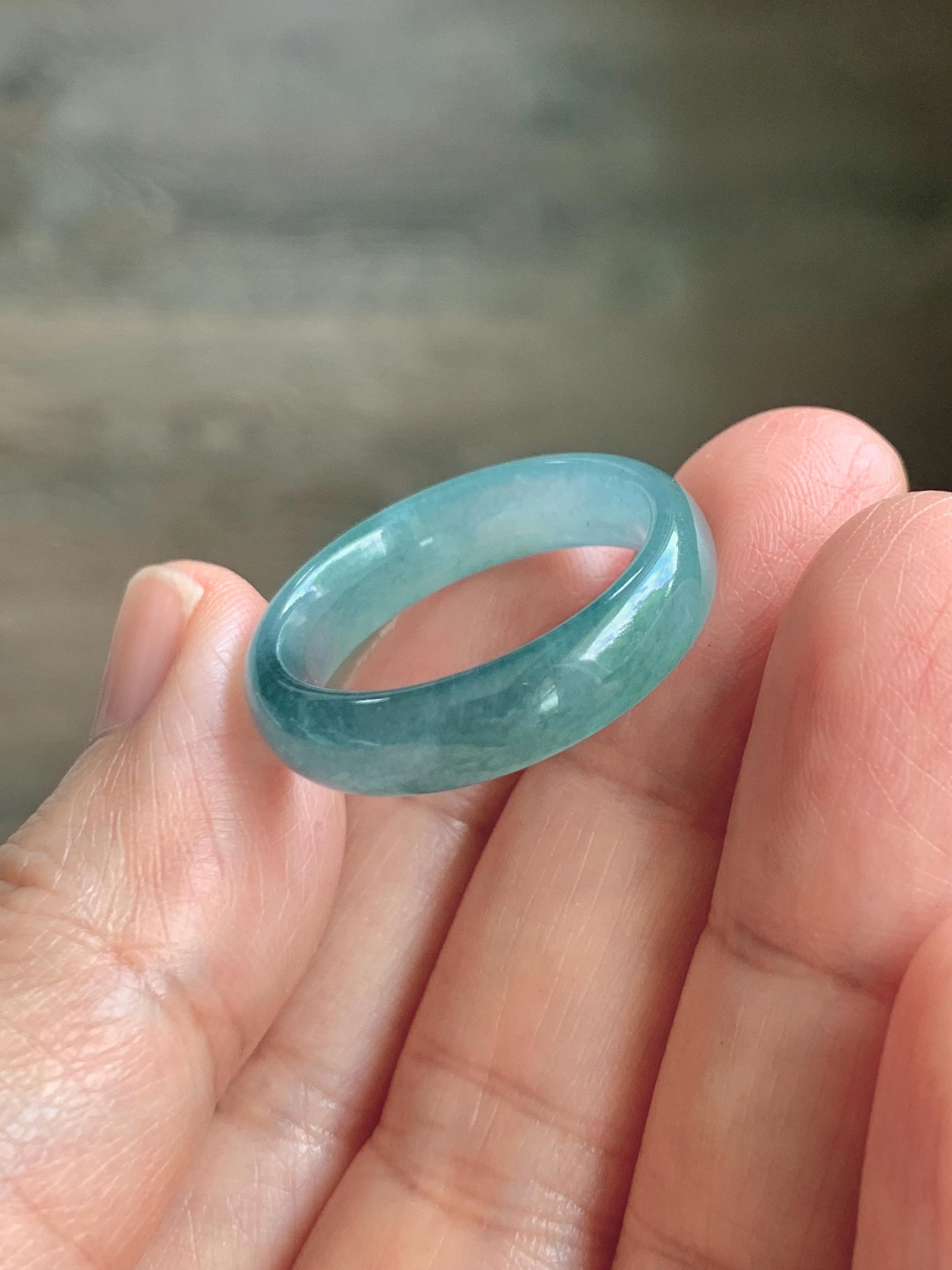 Natural Guatemalan Grade A Icy Translucent Teal Blue Jade Jadeite Jieyang Band Ring Comfort Fit Size 9.75 US 3g 天然冰胶危蓝翡翠揭阳工戒圈 WJQ220A