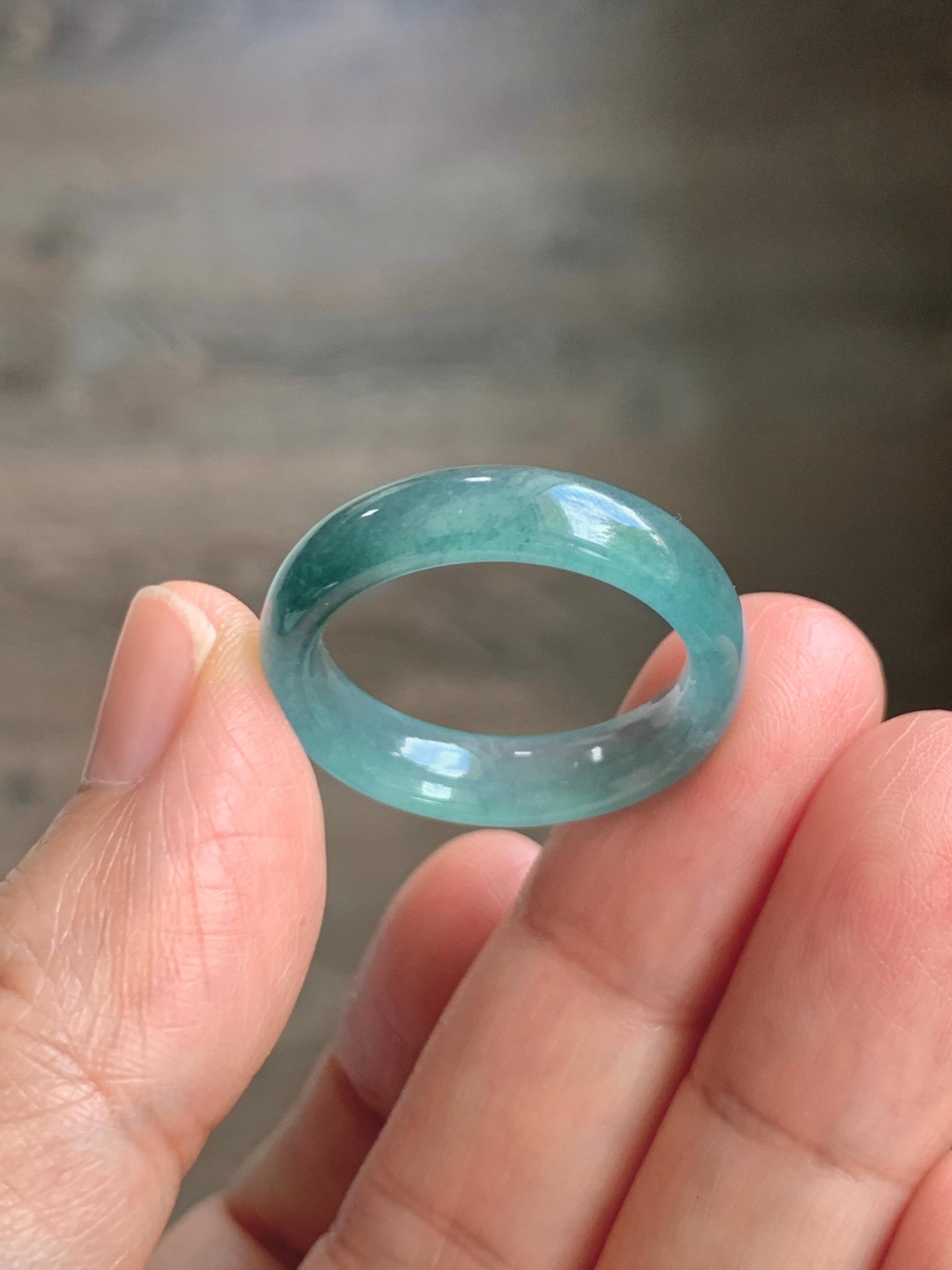 Natural Guatemalan Grade A Icy Translucent Teal Blue Jade Jadeite Jieyang Band Ring Comfort Fit Size 9.75 US 3g 天然冰胶危蓝翡翠揭阳工戒圈 WJQ220A