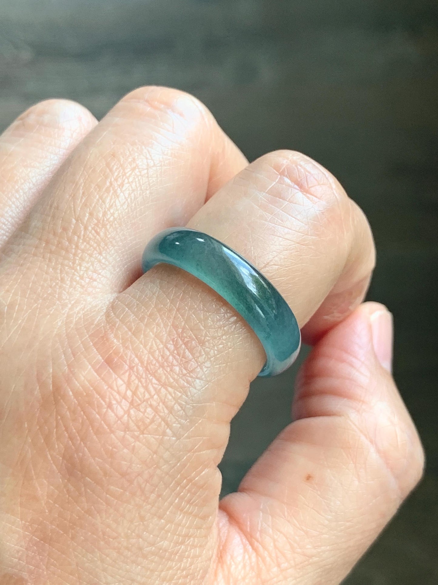 Natural Guatemalan Grade A Icy Translucent Teal Blue Jade Jadeite Jieyang Band Ring Comfort Fit Size 9.75 US 3g 天然冰胶危蓝翡翠揭阳工戒圈 WJQ220A
