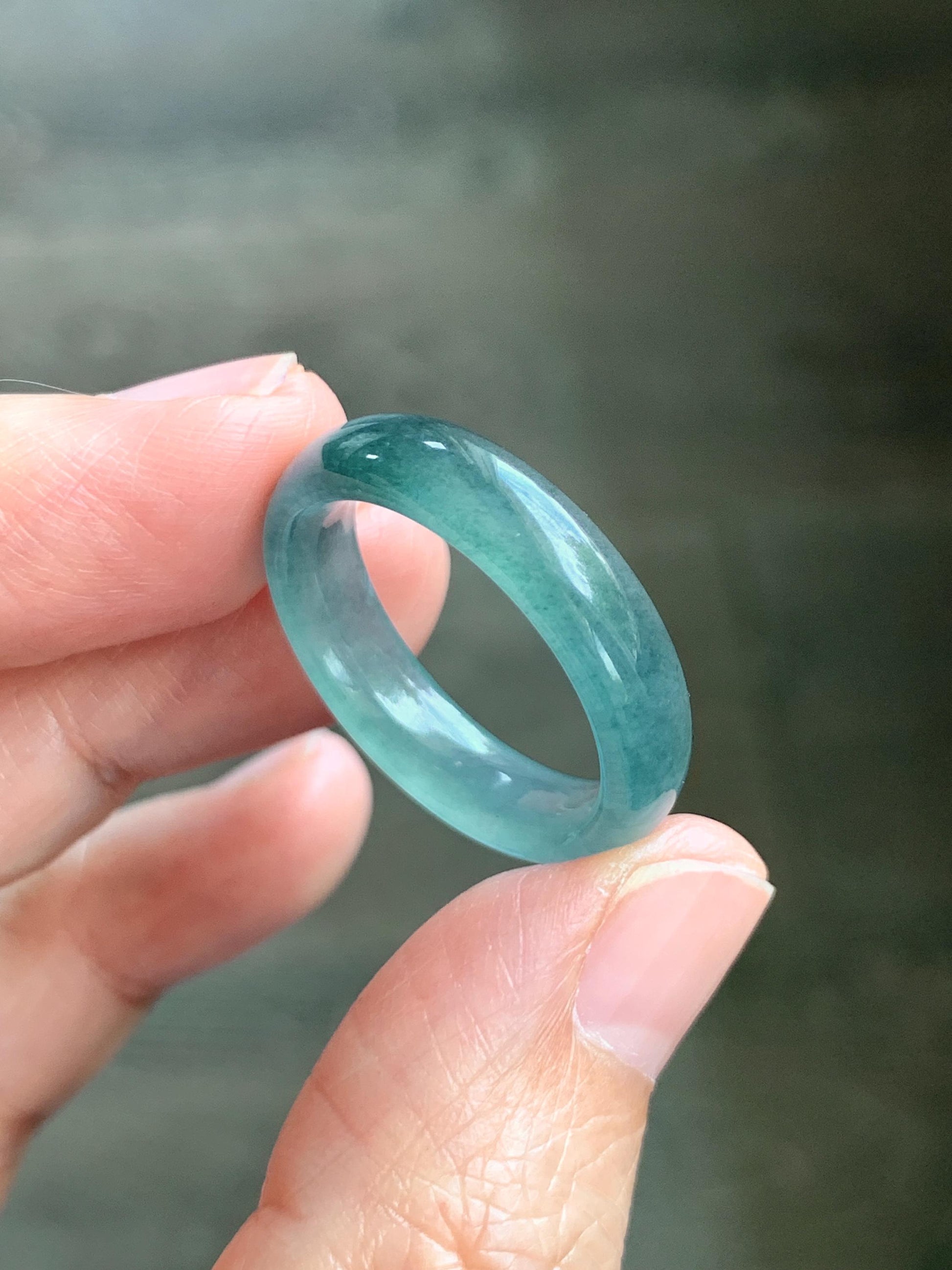 Natural Guatemalan Grade A Icy Translucent Teal Blue Jade Jadeite Jieyang Band Ring Comfort Fit Size 9.75 US 3g 天然冰胶危蓝翡翠揭阳工戒圈 WJQ220A
