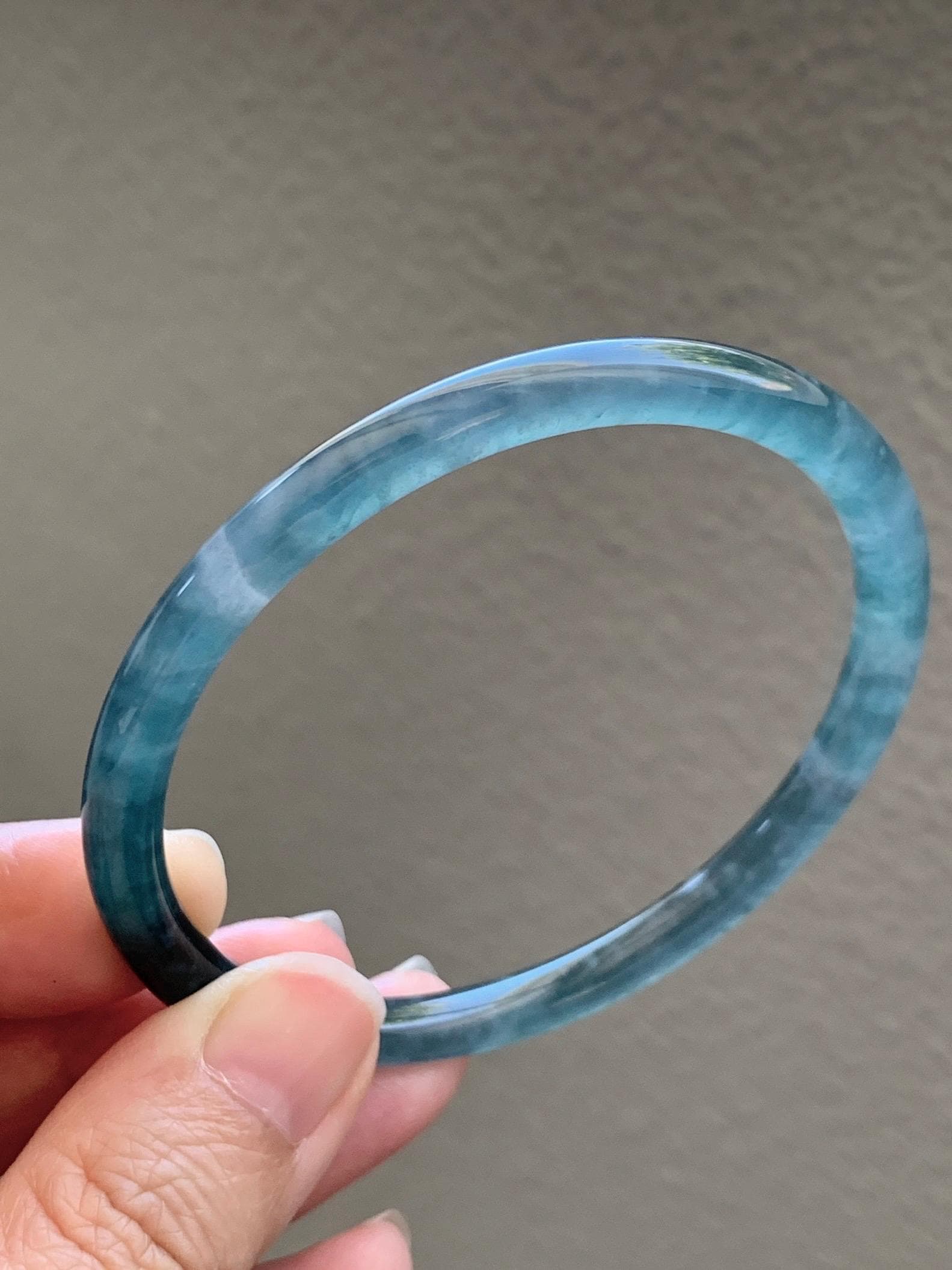 Certified Natural Grade A Guatemalan Icy Translucent Teal Blue Jade Jadeite Slim Bangle 60mm 7.42” 19.7g 天然冰胶危蓝绿翡翠细圆条手镯 1176
