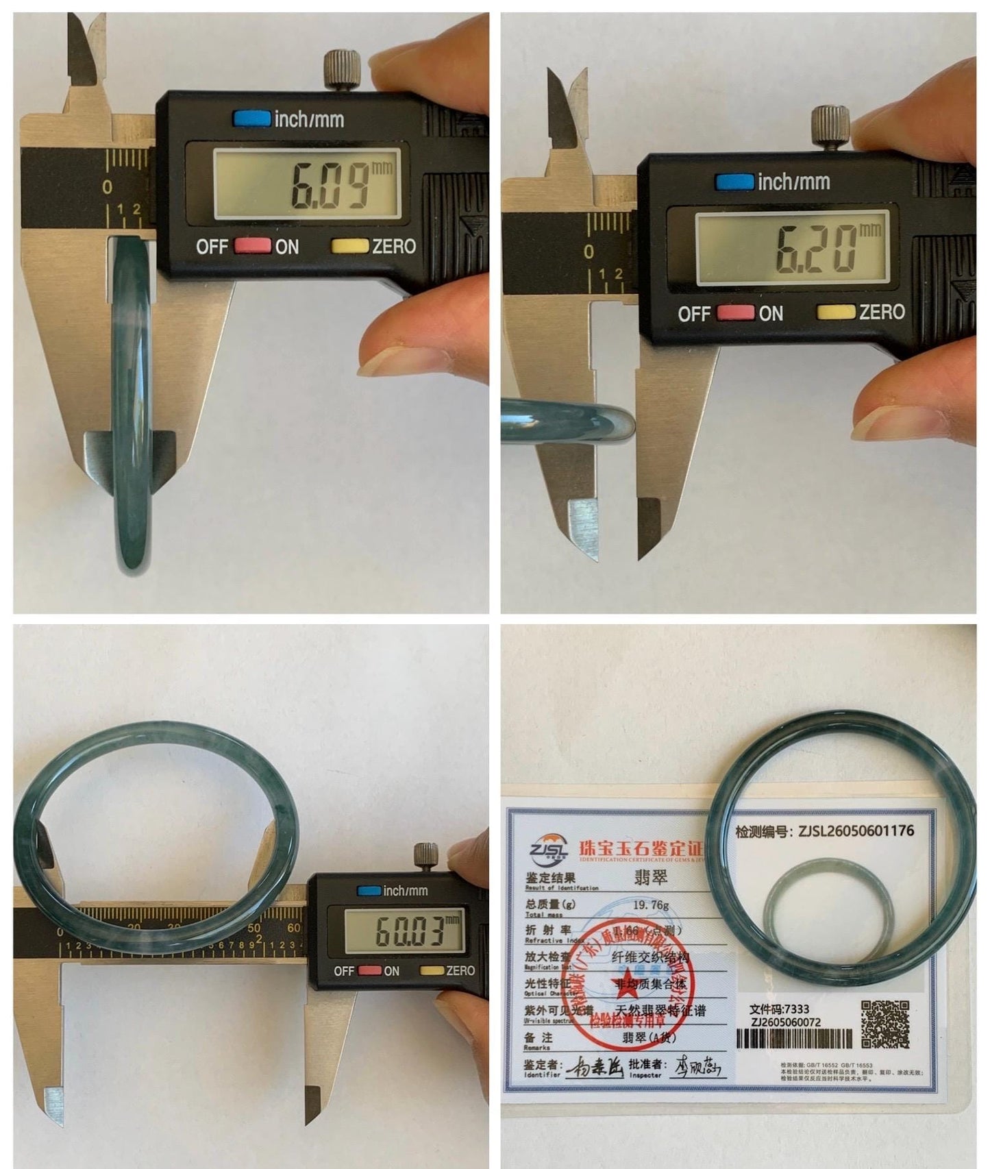 Certified Natural Grade A Guatemalan Icy Translucent Teal Blue Jade Jadeite Slim Bangle 60mm 7.42” 19.7g 天然冰胶危蓝绿翡翠细圆条手镯 1176