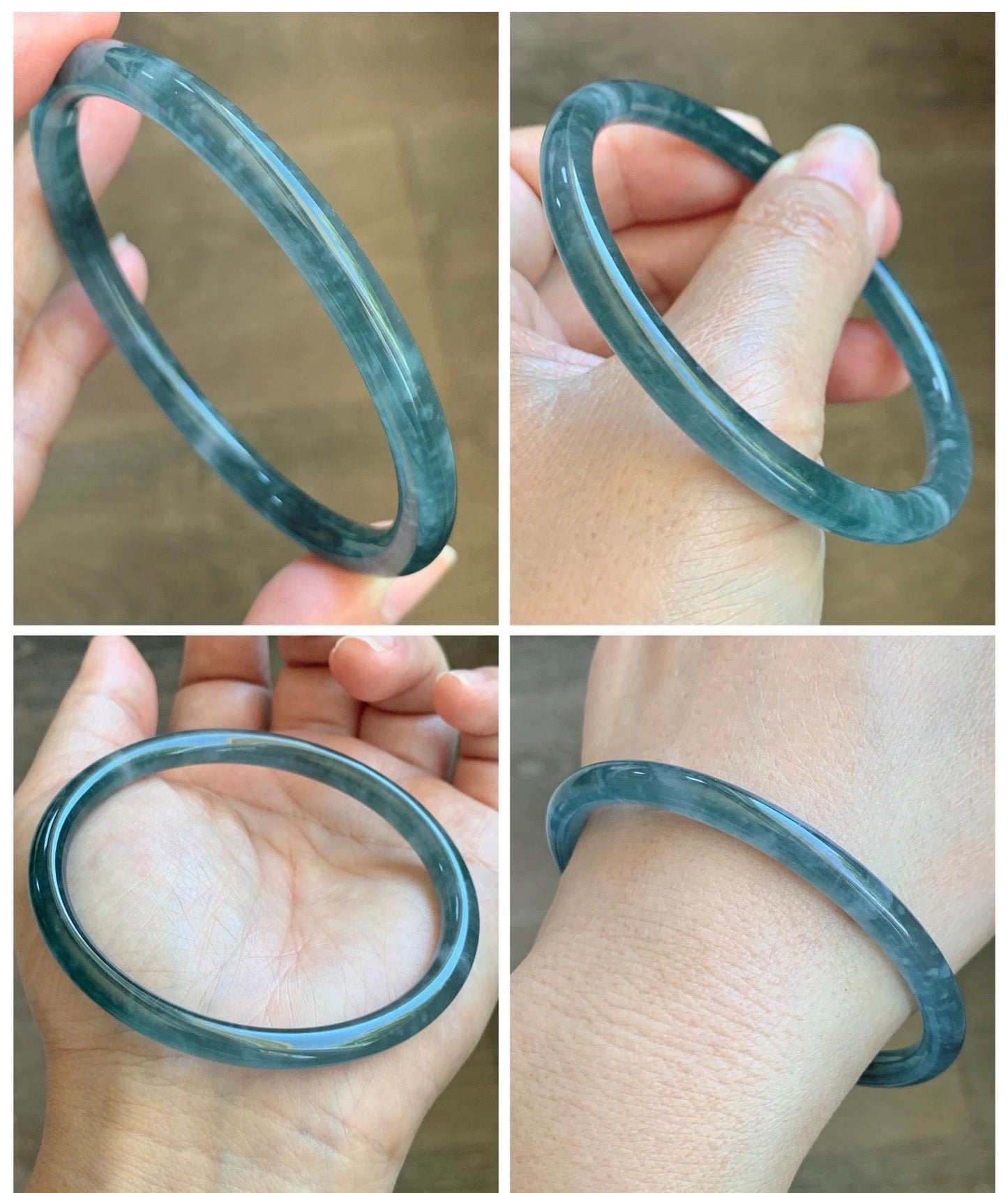 Certified Natural Grade A Guatemalan Icy Translucent Teal Blue Jade Jadeite Slim Bangle 60mm 7.42” 19.7g 天然冰胶危蓝绿翡翠细圆条手镯 1176