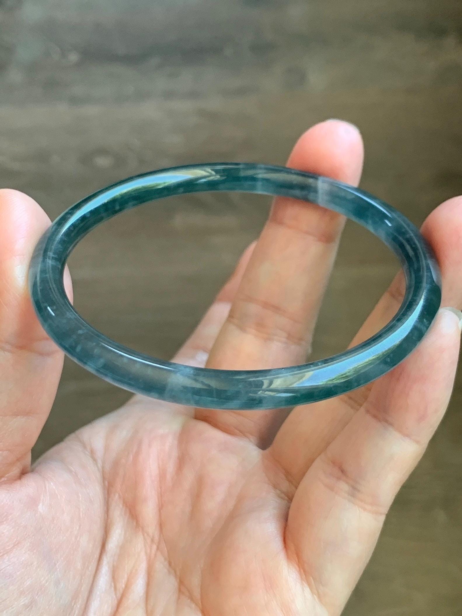 Certified Natural Grade A Guatemalan Icy Translucent Teal Blue Jade Jadeite Slim Bangle 60mm 7.42” 19.7g 天然冰胶危蓝绿翡翠细圆条手镯 1176
