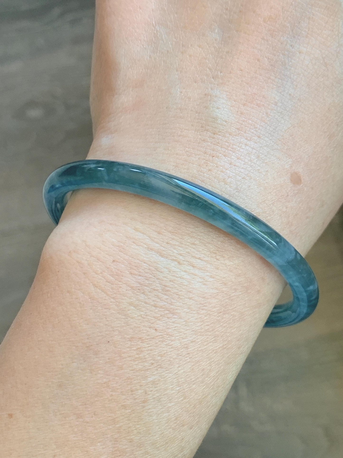 Certified Natural Grade A Guatemalan Icy Translucent Teal Blue Jade Jadeite Slim Bangle 60mm 7.42” 19.7g 天然冰胶危蓝绿翡翠细圆条手镯 1176