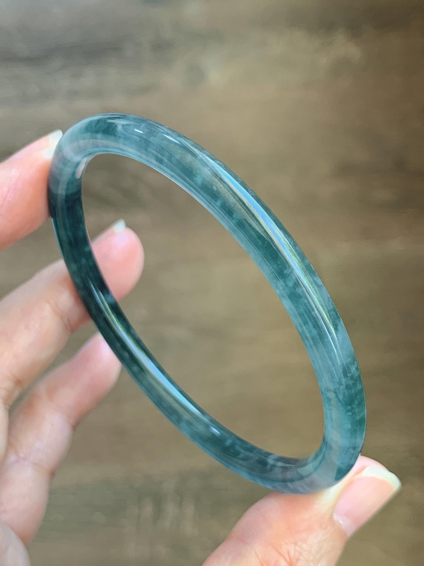 Certified Natural Grade A Guatemalan Icy Translucent Teal Blue Jade Jadeite Slim Bangle 60mm 7.42” 19.7g 天然冰胶危蓝绿翡翠细圆条手镯 1176