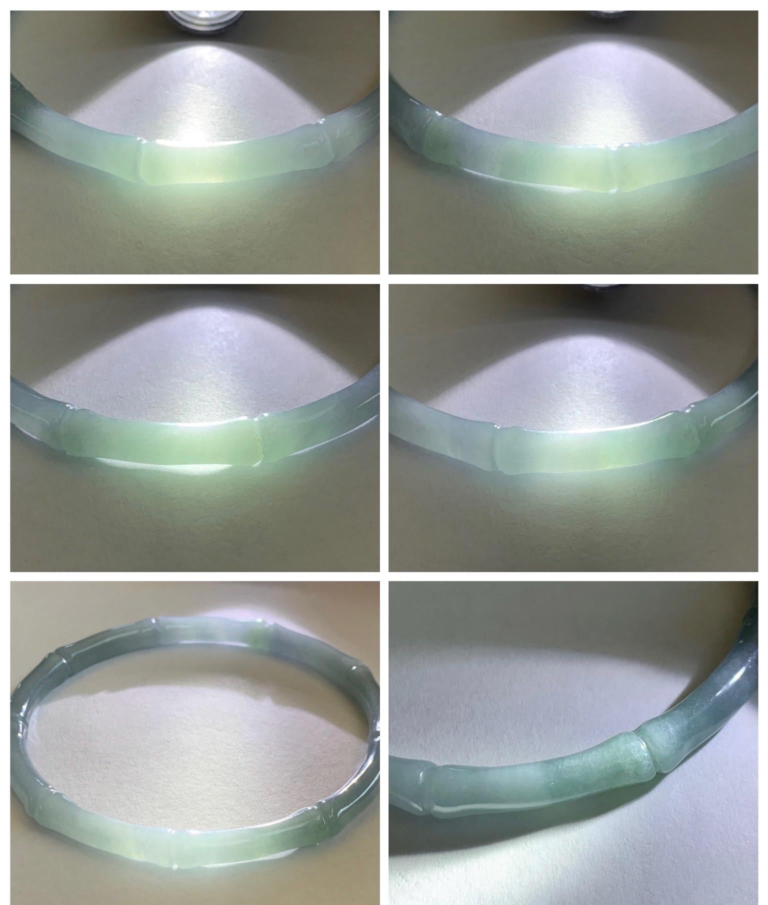 Certified Natural Grade A Guatemalan Icy Translucent Light Dusty Blue Jade Jadeite Carved Bamboo Bangle 65mm 8.04” 18g 天然冰危淡篮翡翠竹节细手镯 1169
