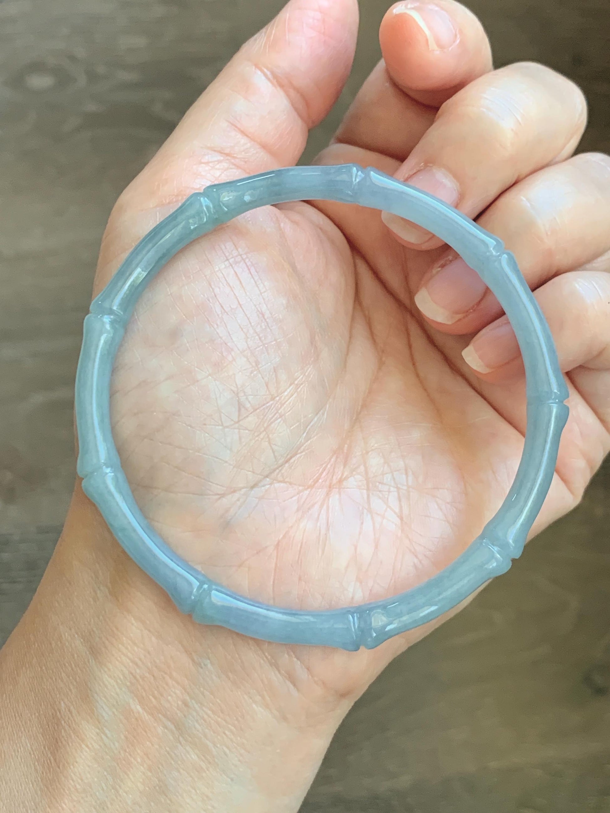 Certified Natural Grade A Guatemalan Icy Translucent Light Dusty Blue Jade Jadeite Carved Bamboo Bangle 65mm 8.04” 18g 天然冰危淡篮翡翠竹节细手镯 1169