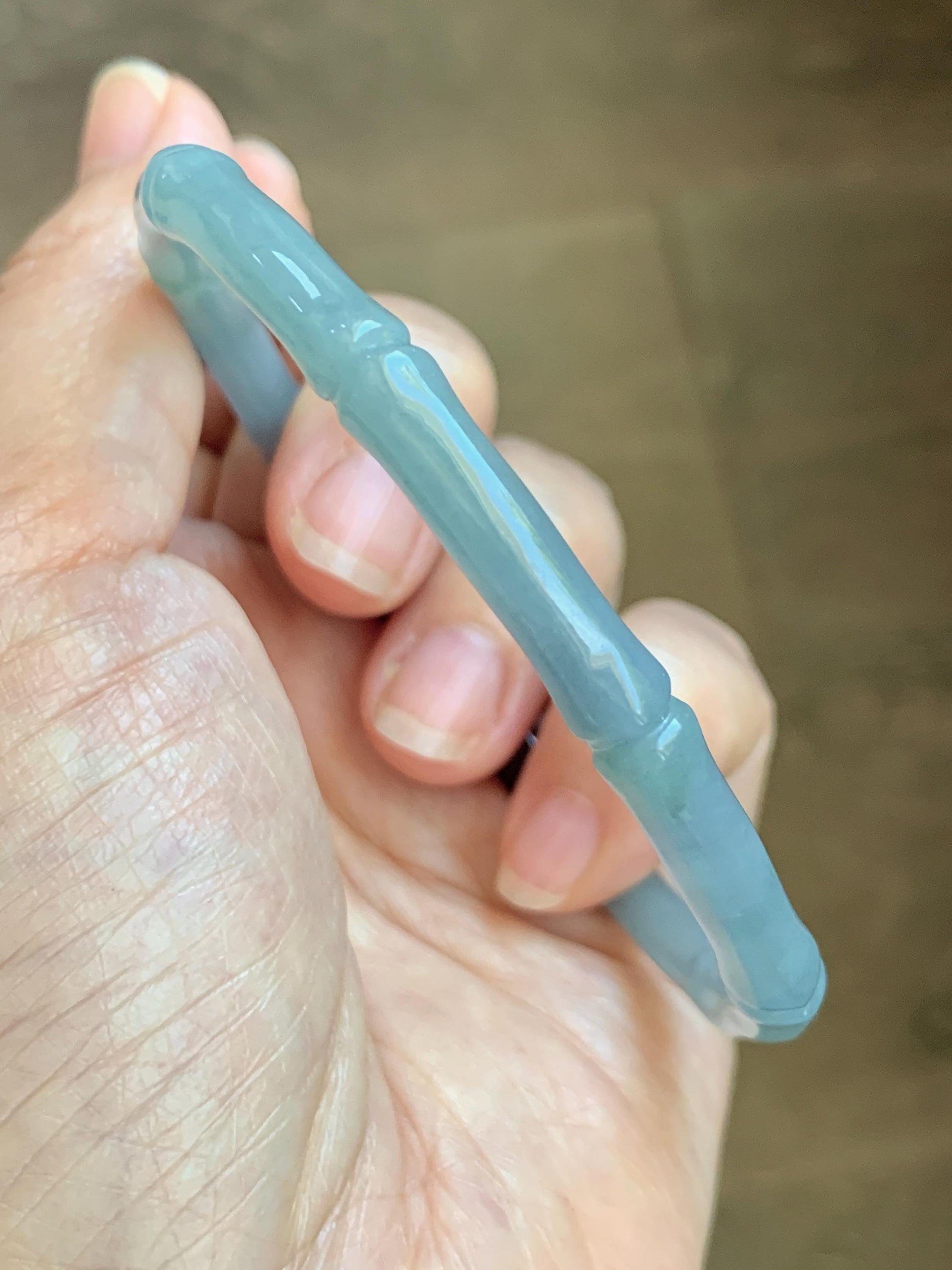 Certified Natural Grade A Guatemalan Icy Translucent Light Dusty Blue Jade Jadeite Carved Bamboo Bangle 65mm 8.04” 18g 天然冰危淡篮翡翠竹节细手镯 1169
