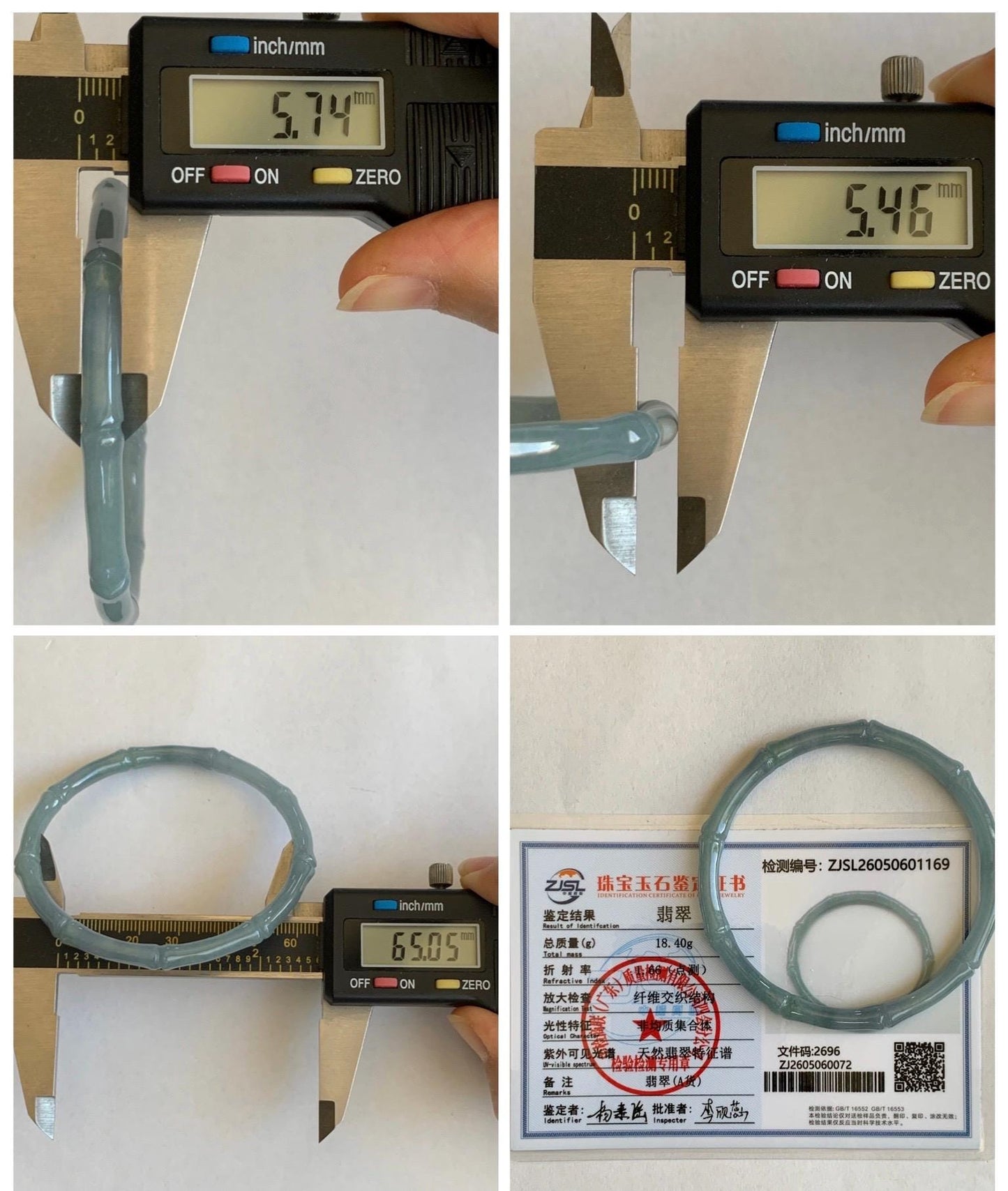 Certified Natural Grade A Guatemalan Icy Translucent Light Dusty Blue Jade Jadeite Carved Bamboo Bangle 65mm 8.04” 18g 天然冰危淡篮翡翠竹节细手镯 1169