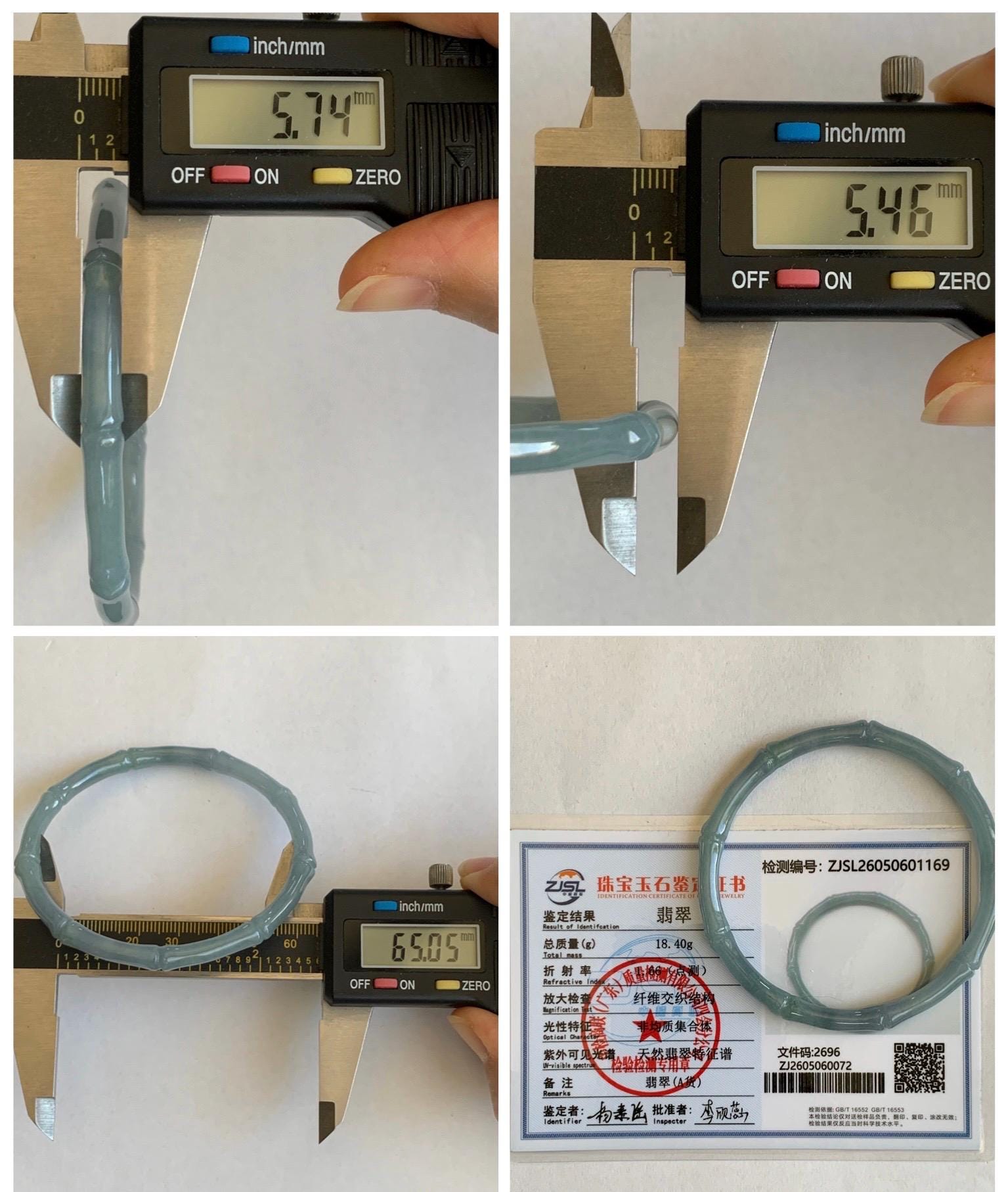 Certified Natural Grade A Guatemalan Icy Translucent Light Dusty Blue Jade Jadeite Carved Bamboo Bangle 65mm 8.04” 18g 天然冰危淡篮翡翠竹节细手镯 1169