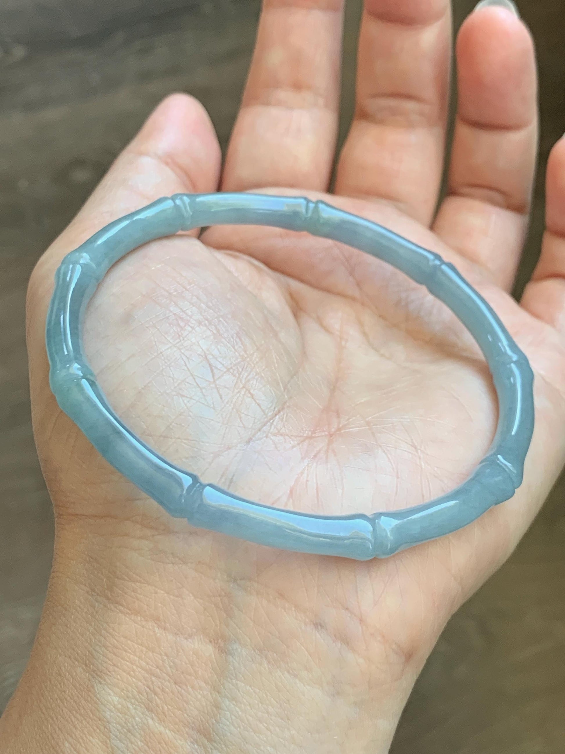 Certified Natural Grade A Guatemalan Icy Translucent Light Dusty Blue Jade Jadeite Carved Bamboo Bangle 65mm 8.04” 18g 天然冰危淡篮翡翠竹节细手镯 1169