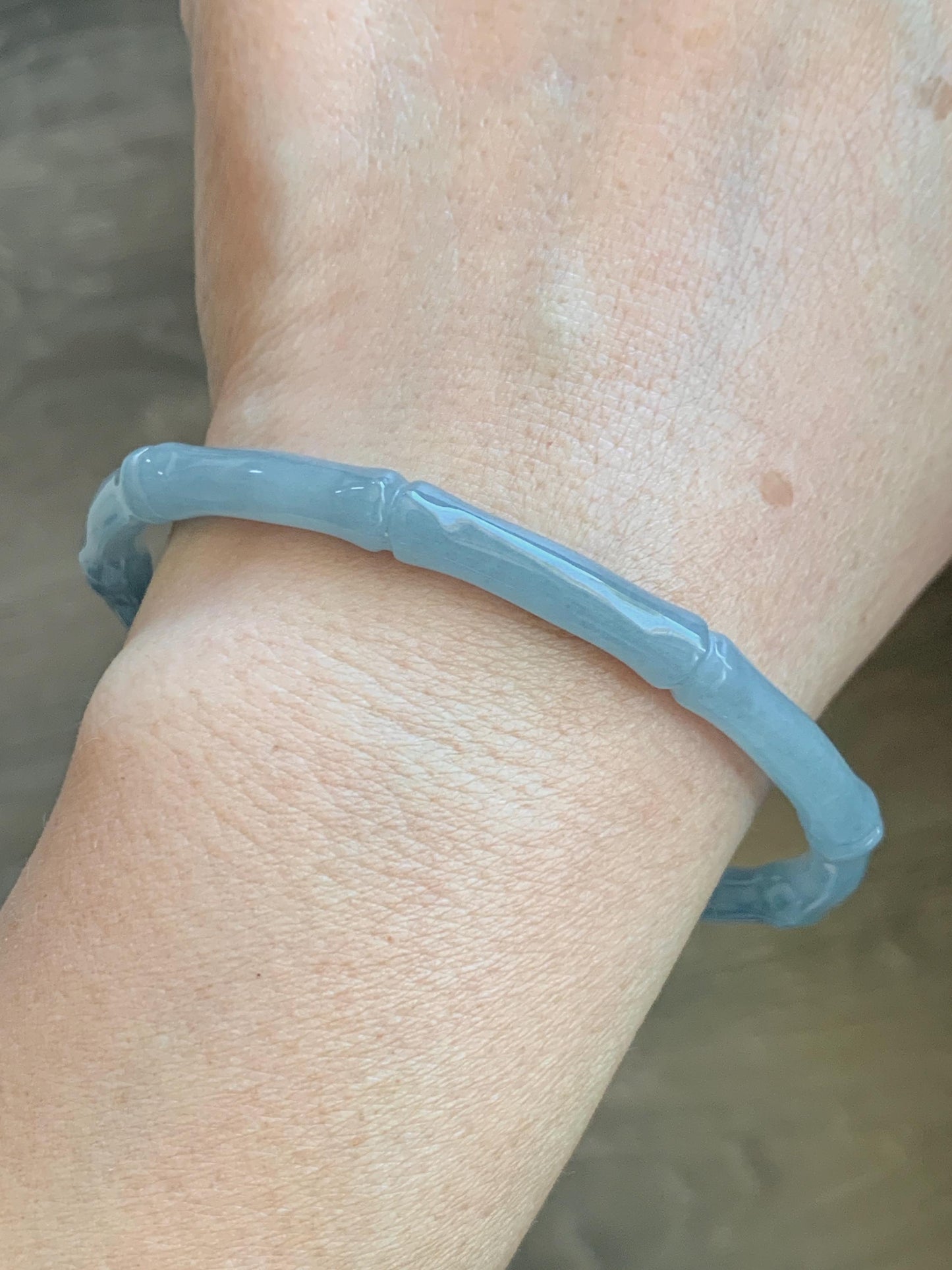 Certified Natural Grade A Guatemalan Icy Translucent Light Dusty Blue Jade Jadeite Carved Bamboo Bangle 65mm 8.04” 18g 天然冰危淡篮翡翠竹节细手镯 1169