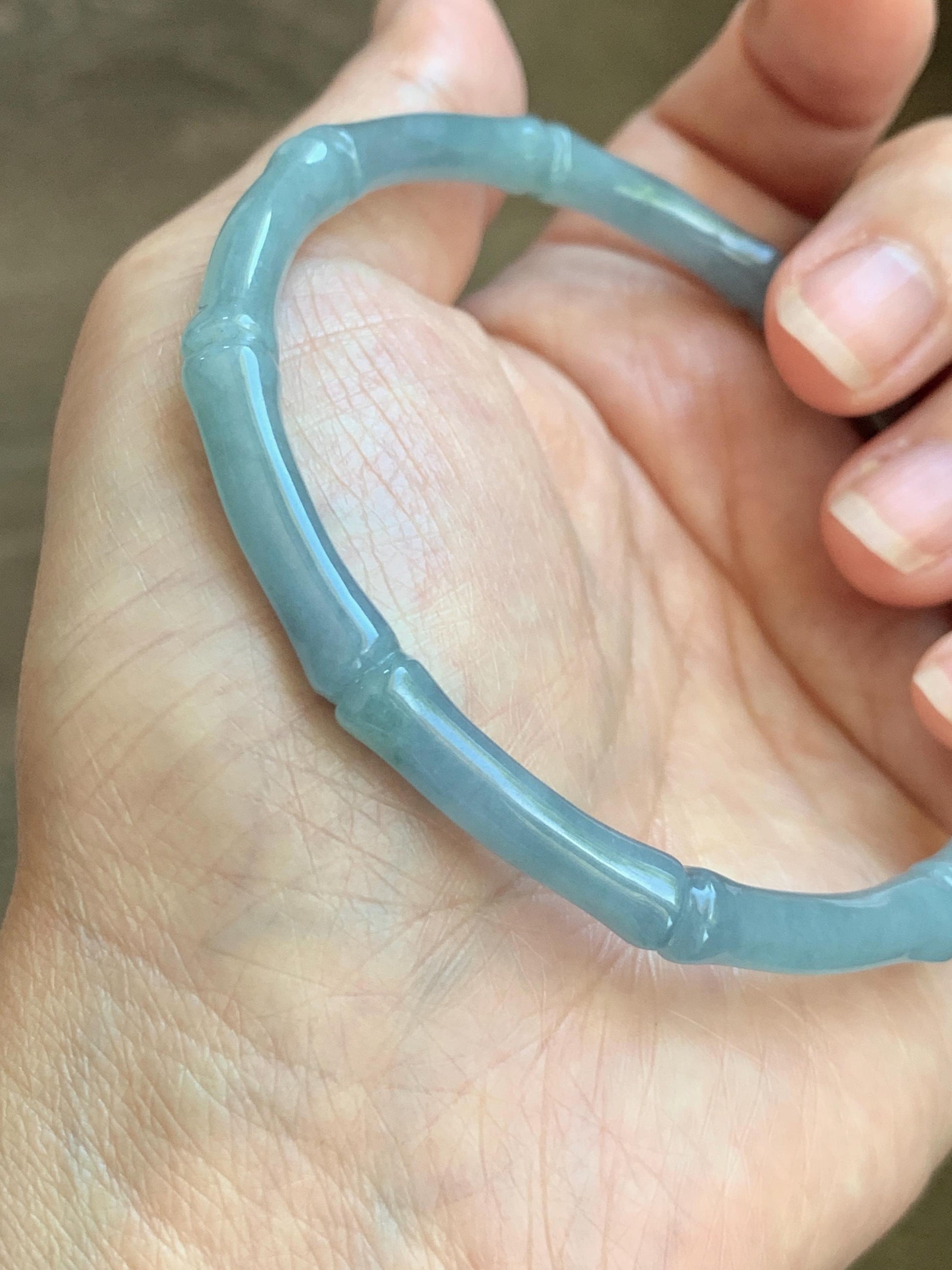 Certified Natural Grade A Guatemalan Icy Translucent Light Dusty Blue Jade Jadeite Carved Bamboo Bangle 65mm 8.04” 18g 天然冰危淡篮翡翠竹节细手镯 1169