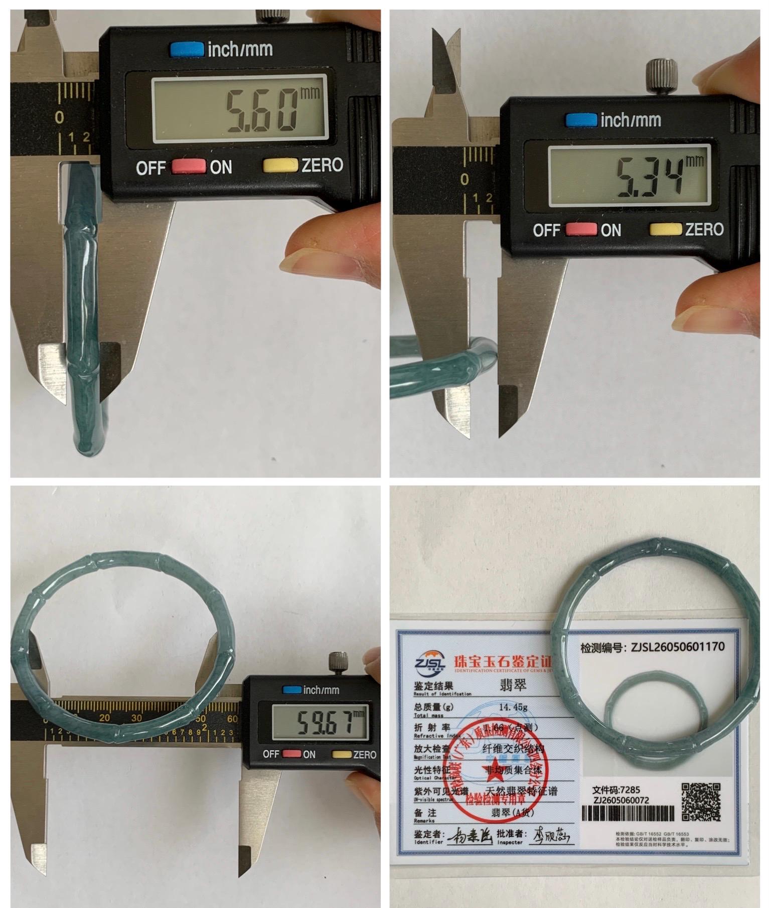 Certified Natural Grade A Guatemalan Icy Translucent Dusty Teal Blue Jade Jadeite Carved Bamboo Bangle 59.6mm 7.37” 14g 天然冰危篮绿翡翠竹节细手镯 1170