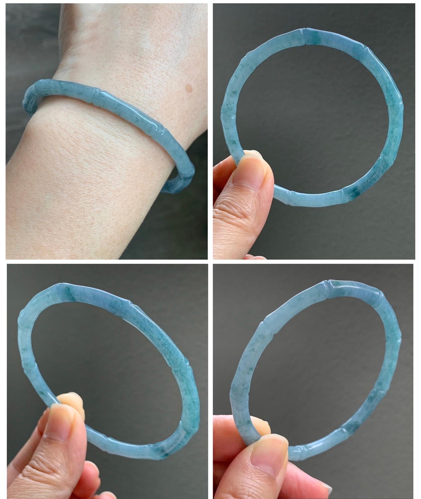 Certified Natural Grade A Guatemalan Icy Translucent Dusty Teal Blue Jade Jadeite Carved Bamboo Bangle 59.6mm 7.37” 14g 天然冰危篮绿翡翠竹节细手镯 1170