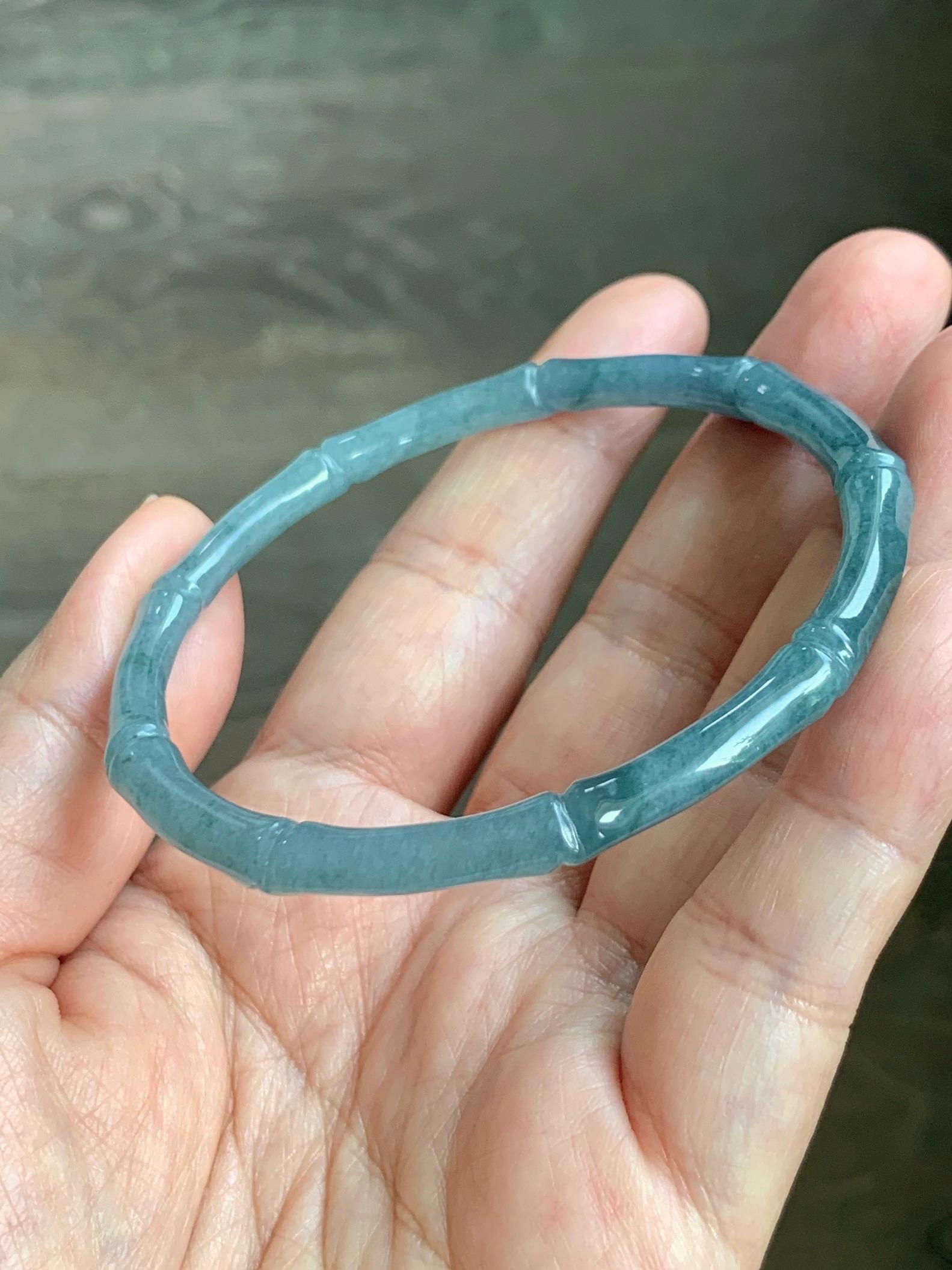 Certified Natural Grade A Guatemalan Icy Translucent Dusty Teal Blue Jade Jadeite Carved Bamboo Bangle 59.6mm 7.37” 14g 天然冰危篮绿翡翠竹节细手镯 1170
