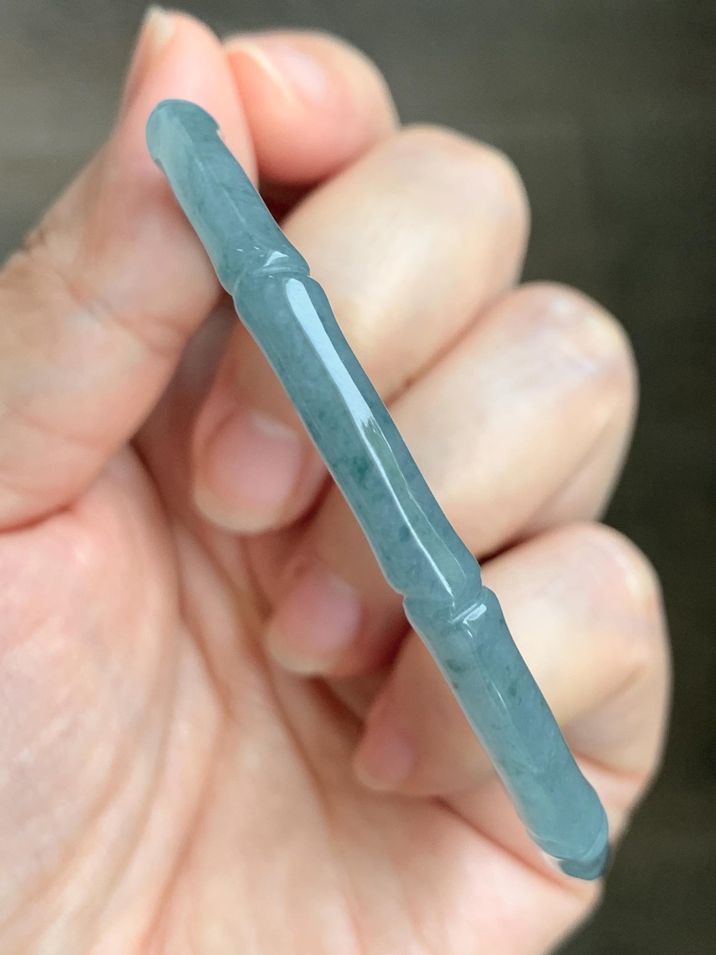Certified Natural Grade A Guatemalan Icy Translucent Dusty Teal Blue Jade Jadeite Carved Bamboo Bangle 59.6mm 7.37” 14g 天然冰危篮绿翡翠竹节细手镯 1170