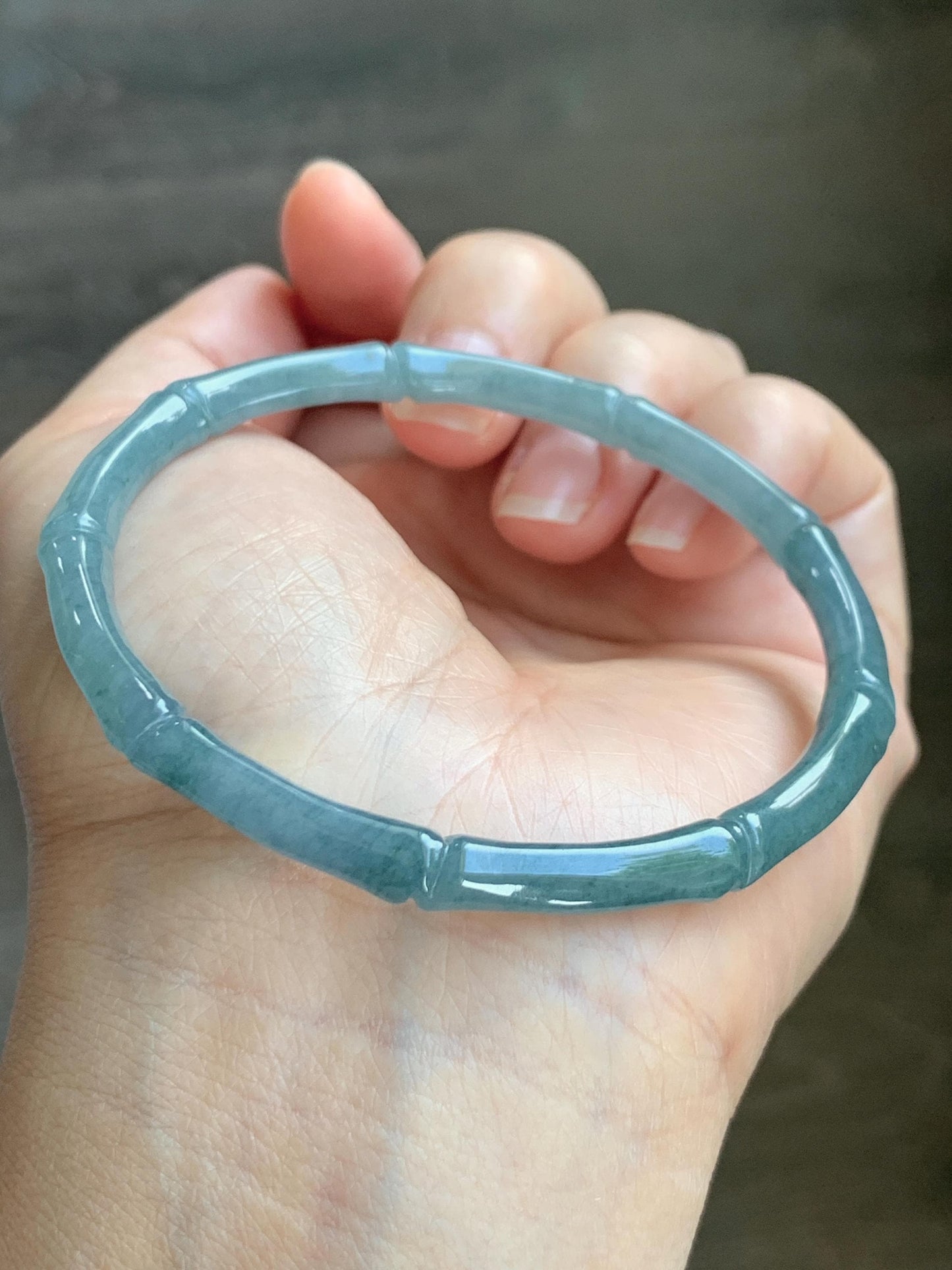 Certified Natural Grade A Guatemalan Icy Translucent Dusty Teal Blue Jade Jadeite Carved Bamboo Bangle 59.6mm 7.37” 14g 天然冰危篮绿翡翠竹节细手镯 1170