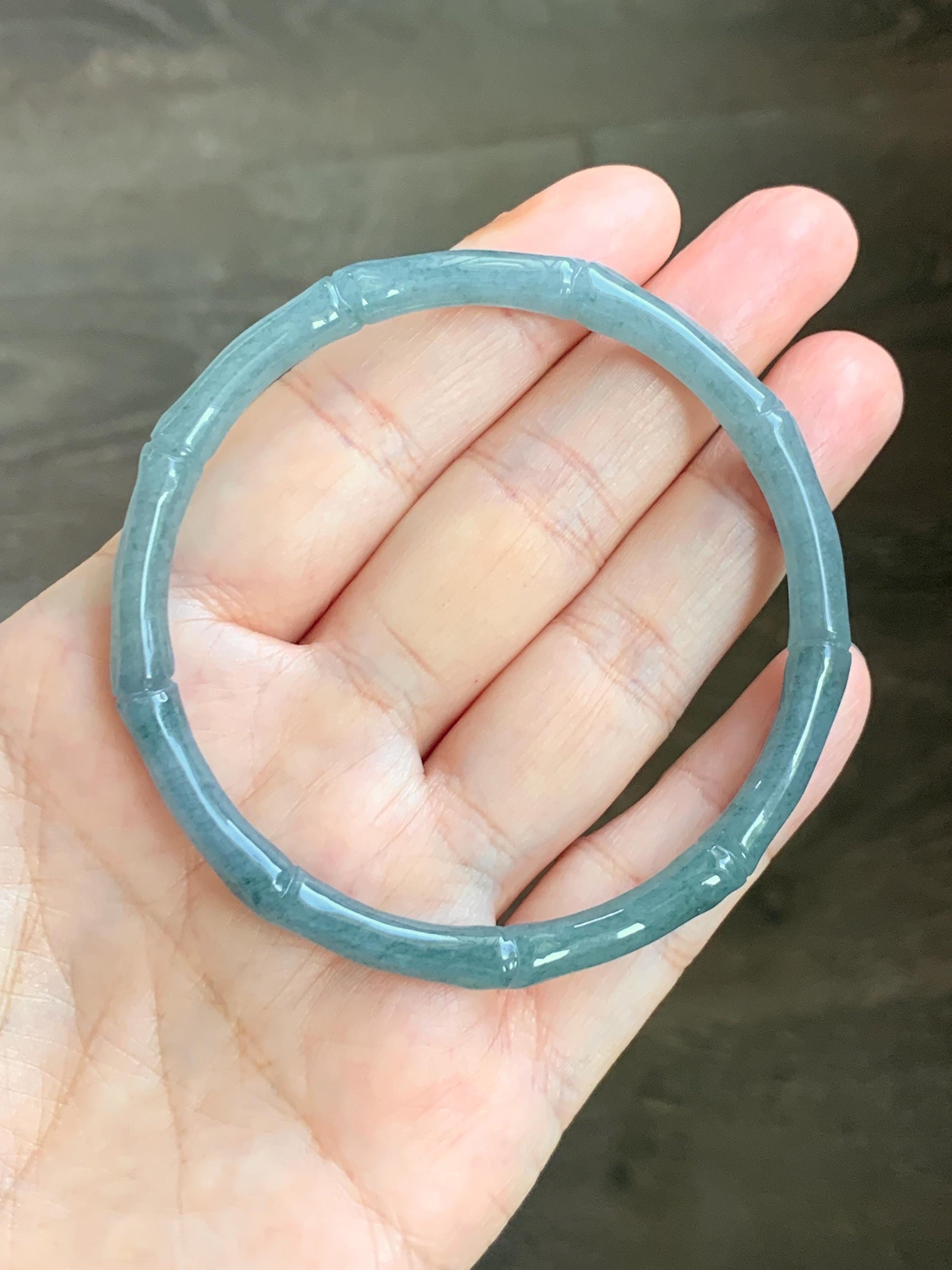 Certified Natural Grade A Guatemalan Icy Translucent Dusty Teal Blue Jade Jadeite Carved Bamboo Bangle 59.6mm 7.37” 14g 天然冰危篮绿翡翠竹节细手镯 1170