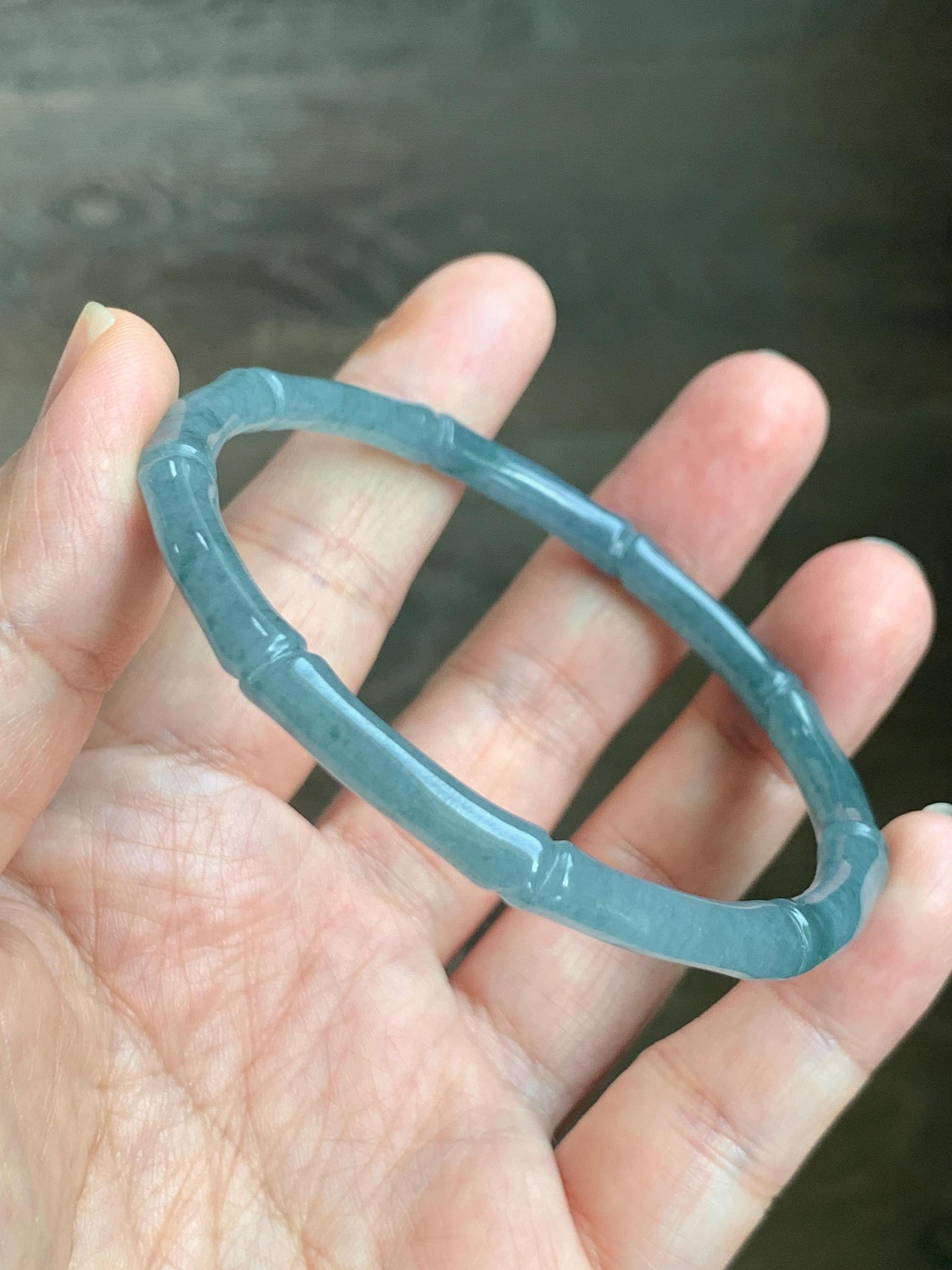 Certified Natural Grade A Guatemalan Icy Translucent Dusty Teal Blue Jade Jadeite Carved Bamboo Bangle 59.6mm 7.37” 14g 天然冰危篮绿翡翠竹节细手镯 1170