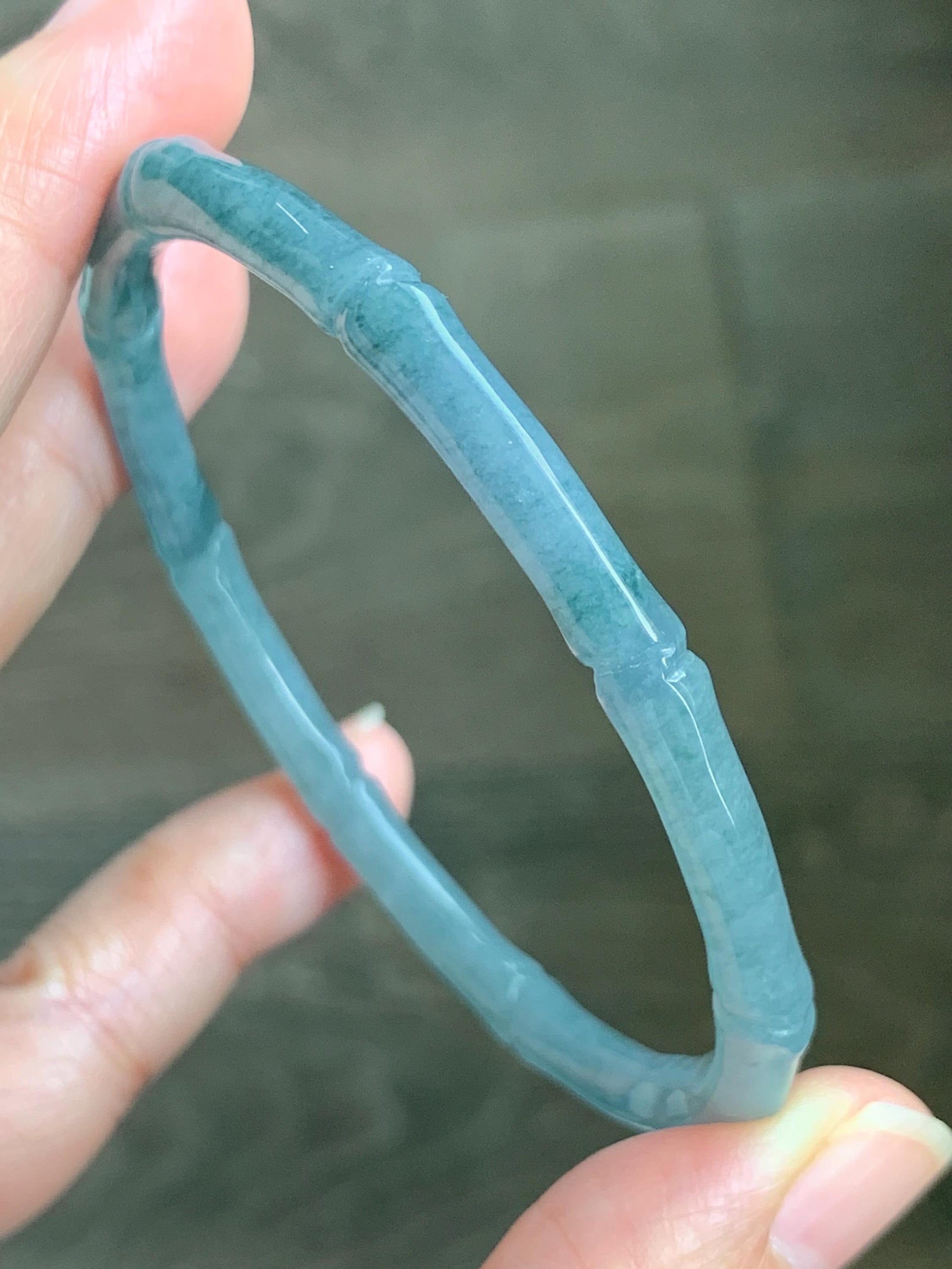 Certified Natural Grade A Guatemalan Icy Translucent Dusty Teal Blue Jade Jadeite Carved Bamboo Bangle 59.6mm 7.37” 14g 天然冰危篮绿翡翠竹节细手镯 1170