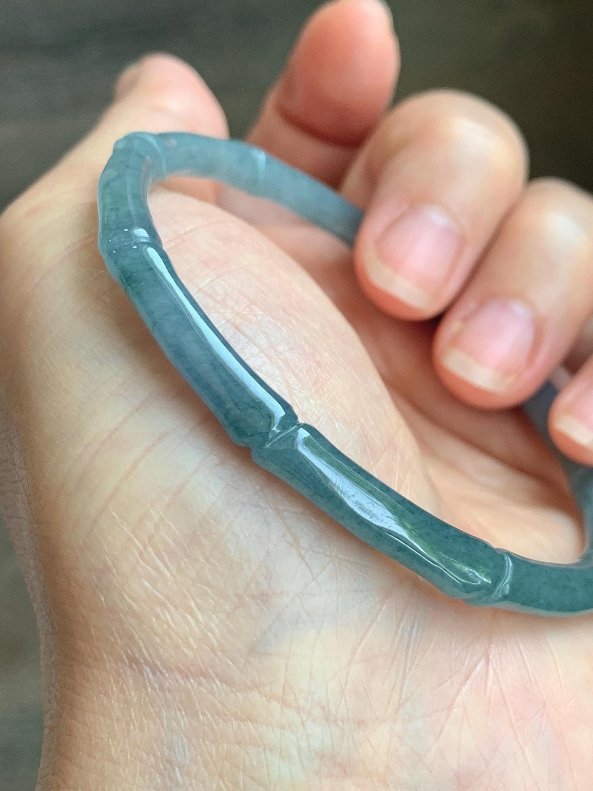 Certified Natural Grade A Guatemalan Icy Translucent Dusty Teal Blue Jade Jadeite Carved Bamboo Bangle 59.6mm 7.37” 14g 天然冰危篮绿翡翠竹节细手镯 1170