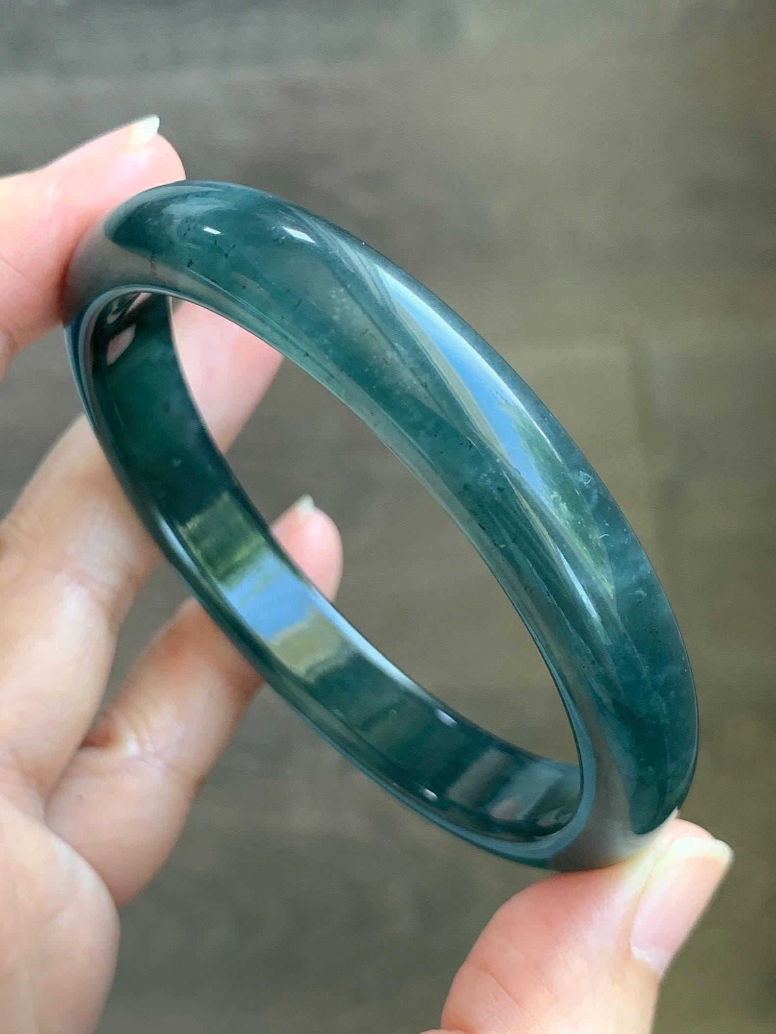 Certified Natural Grade A Guatemalan Icy Translucent Dark Teal Blue Wuji Jade Jadeite Wide Bangle 58.6mm 7.24” 40.7g 天然冰危深蓝绿翡翠正圈手镯1215 AS IS