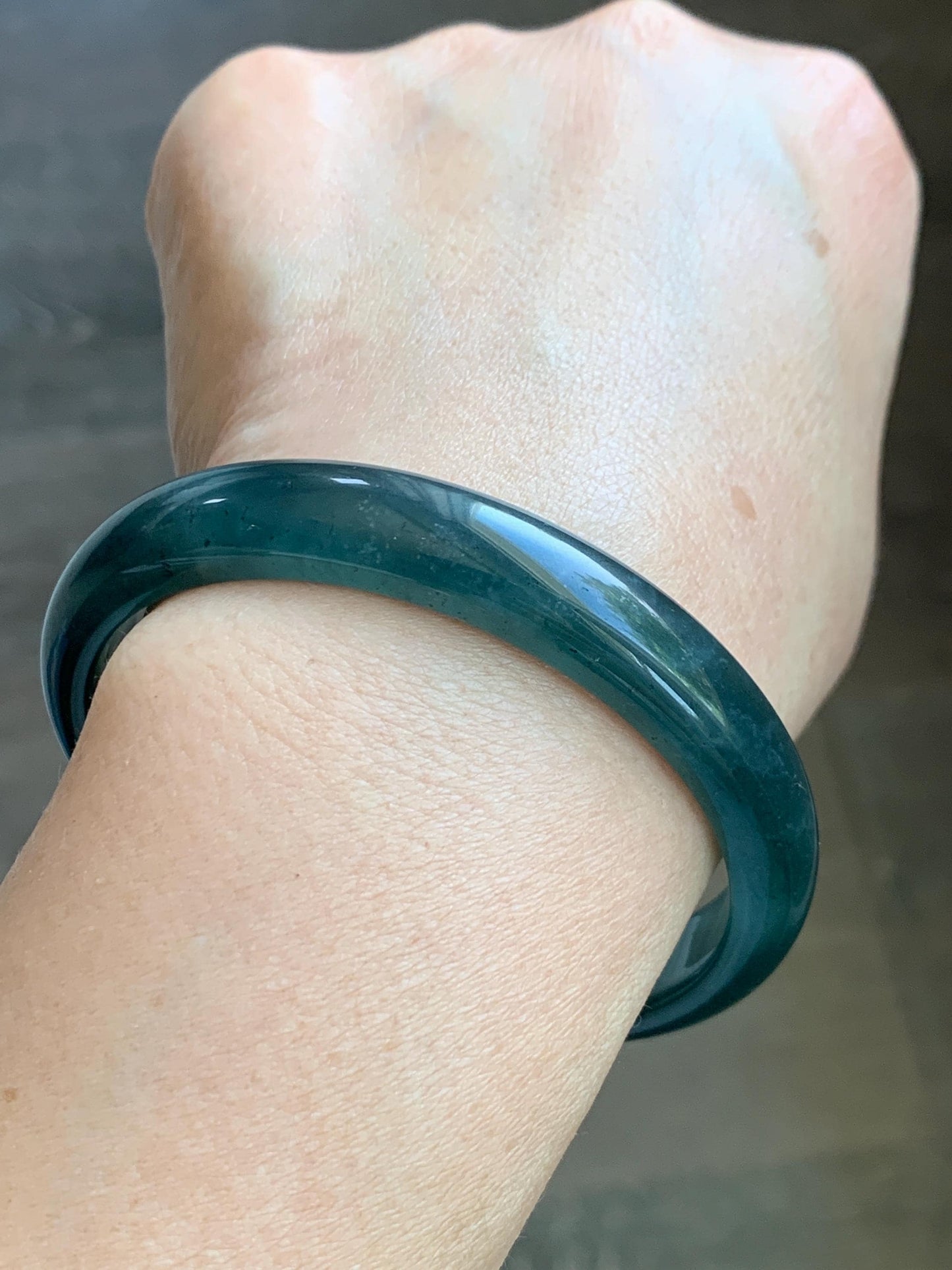 Certified Natural Grade A Guatemalan Icy Translucent Dark Teal Blue Wuji Jade Jadeite Wide Bangle 58.6mm 7.24” 40.7g 天然冰危深蓝绿翡翠正圈手镯1215 AS IS
