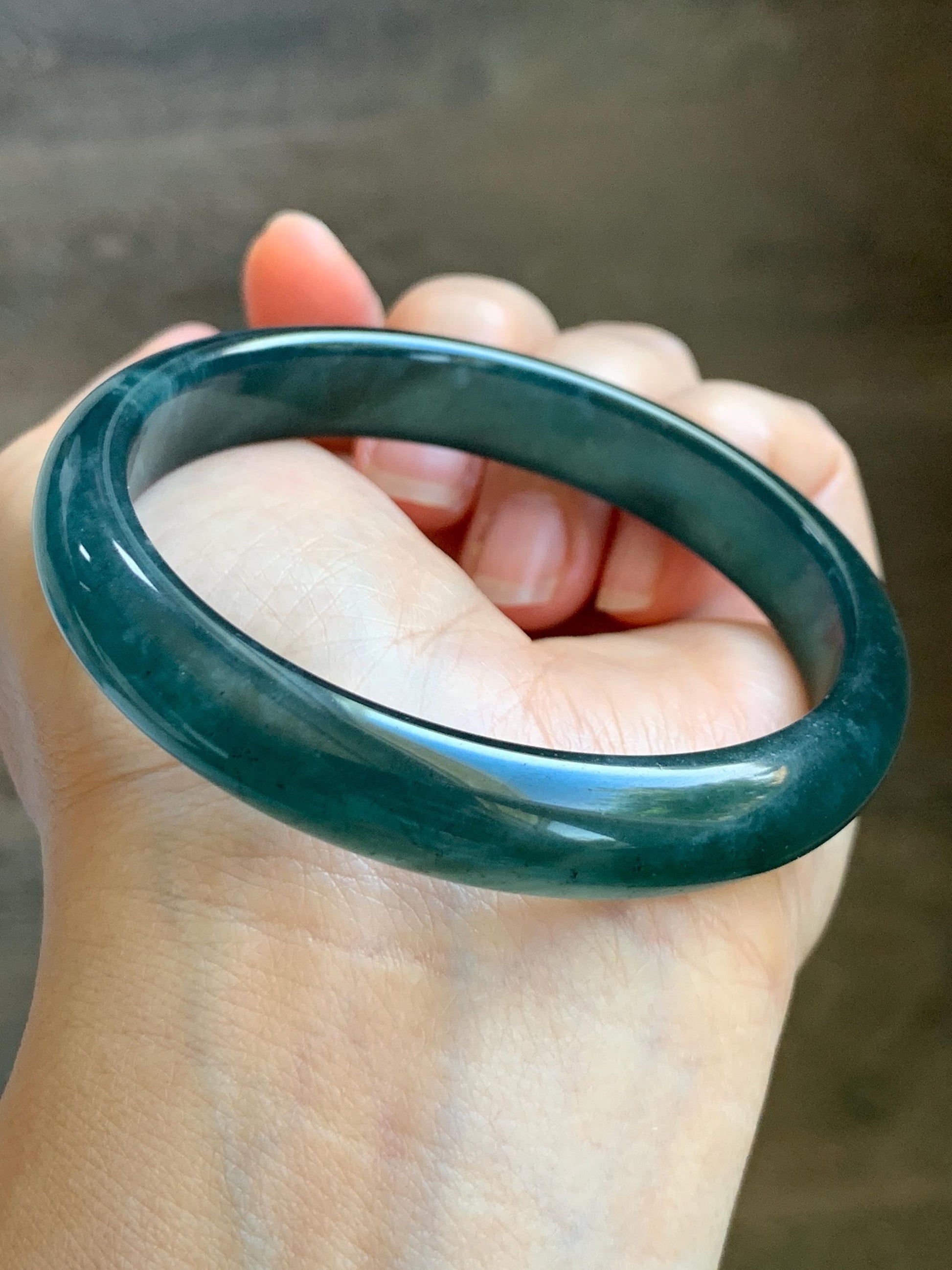 Certified Natural Grade A Guatemalan Icy Translucent Dark Teal Blue Wuji Jade Jadeite Wide Bangle 58.6mm 7.24” 40.7g 天然冰危深蓝绿翡翠正圈手镯1215 AS IS