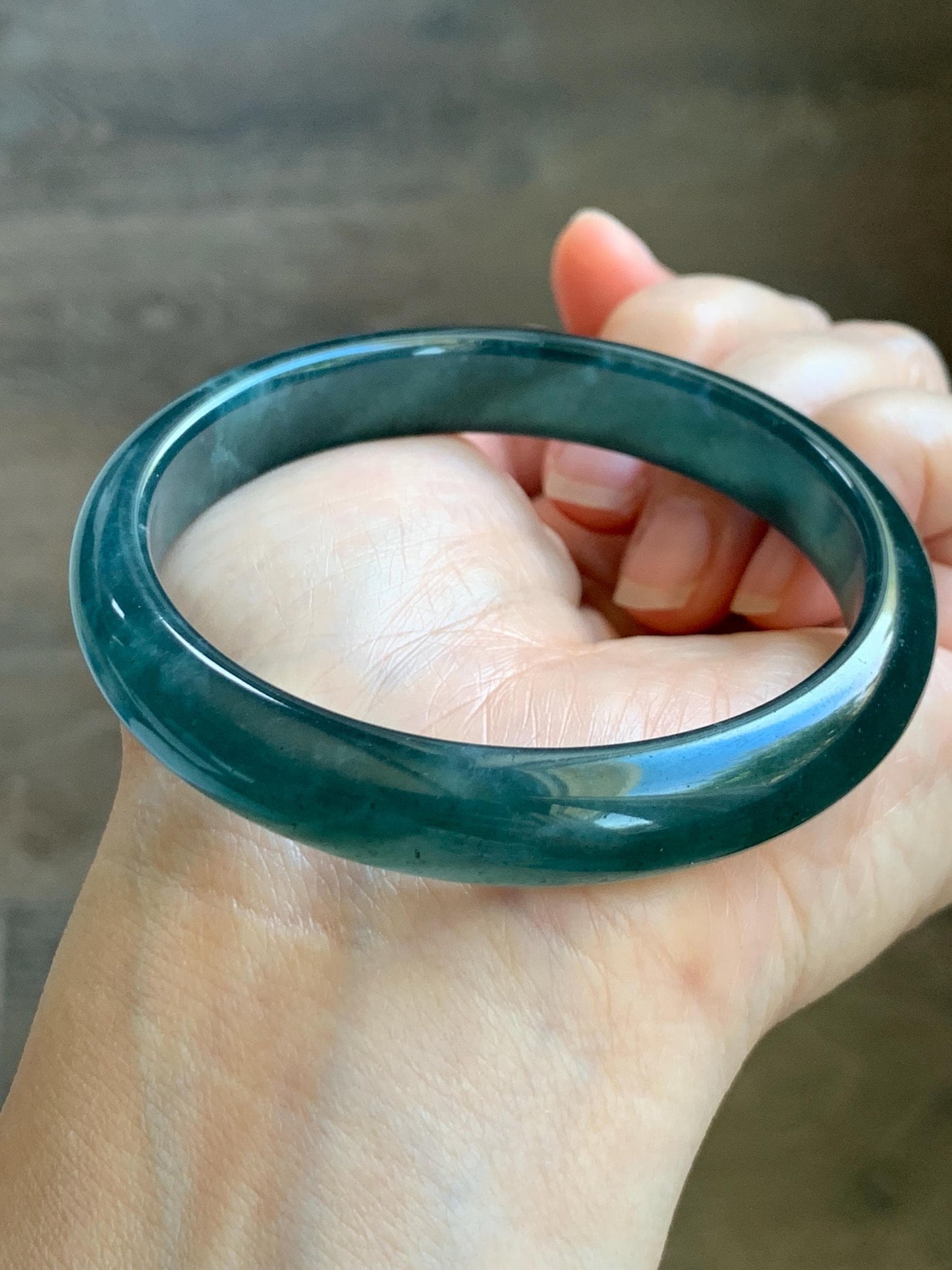 Certified Natural Grade A Guatemalan Icy Translucent Dark Teal Blue Wuji Jade Jadeite Wide Bangle 58.6mm 7.24” 40.7g 天然冰危深蓝绿翡翠正圈手镯1215 AS IS