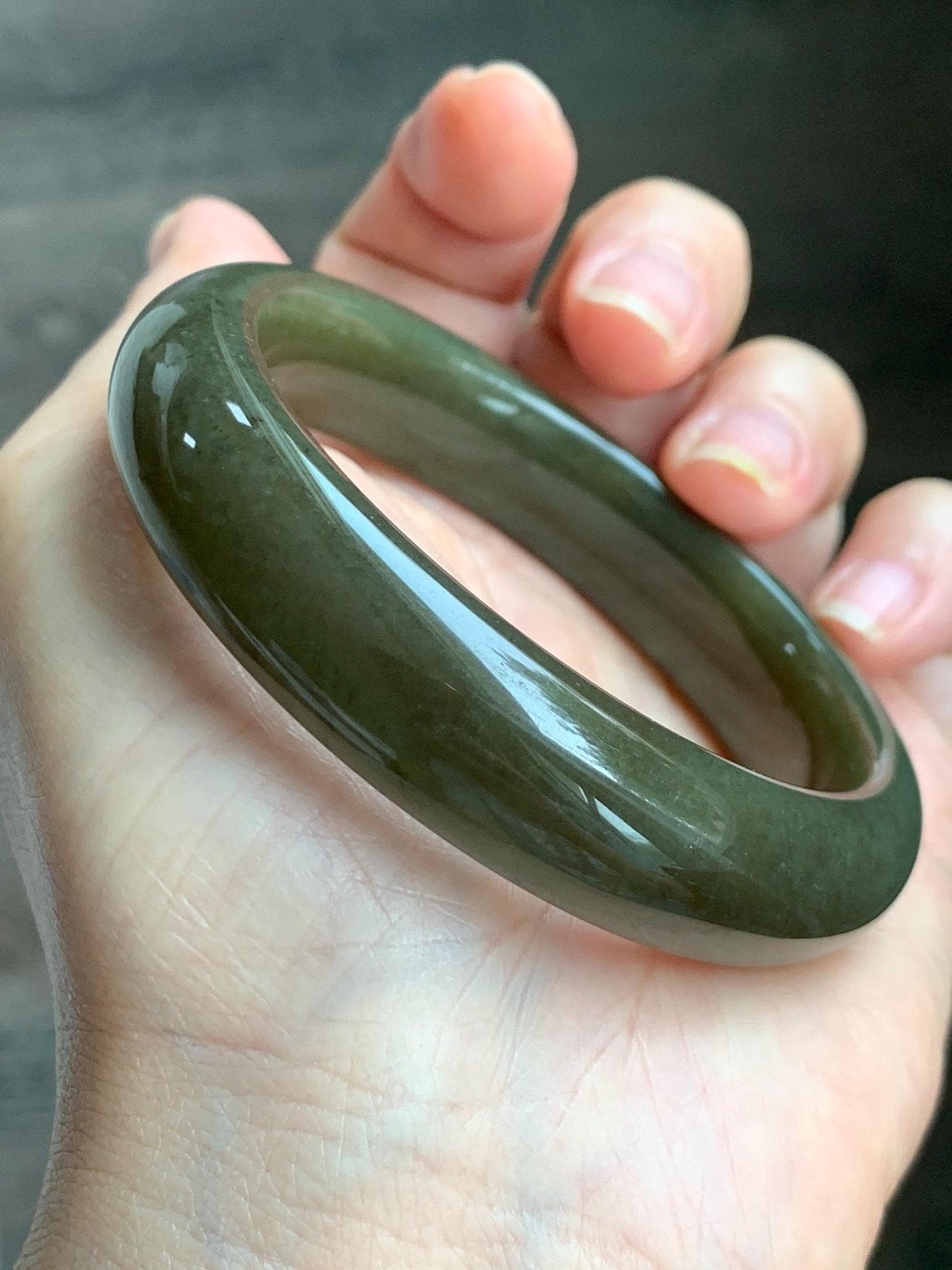 Certified Natural Nephrite Jade Translucent Dark Brown Olive Green Wide Bangle Bracelet 56.8mm 7” 60 grams 天然和田玉轮胎宽手镯 1197