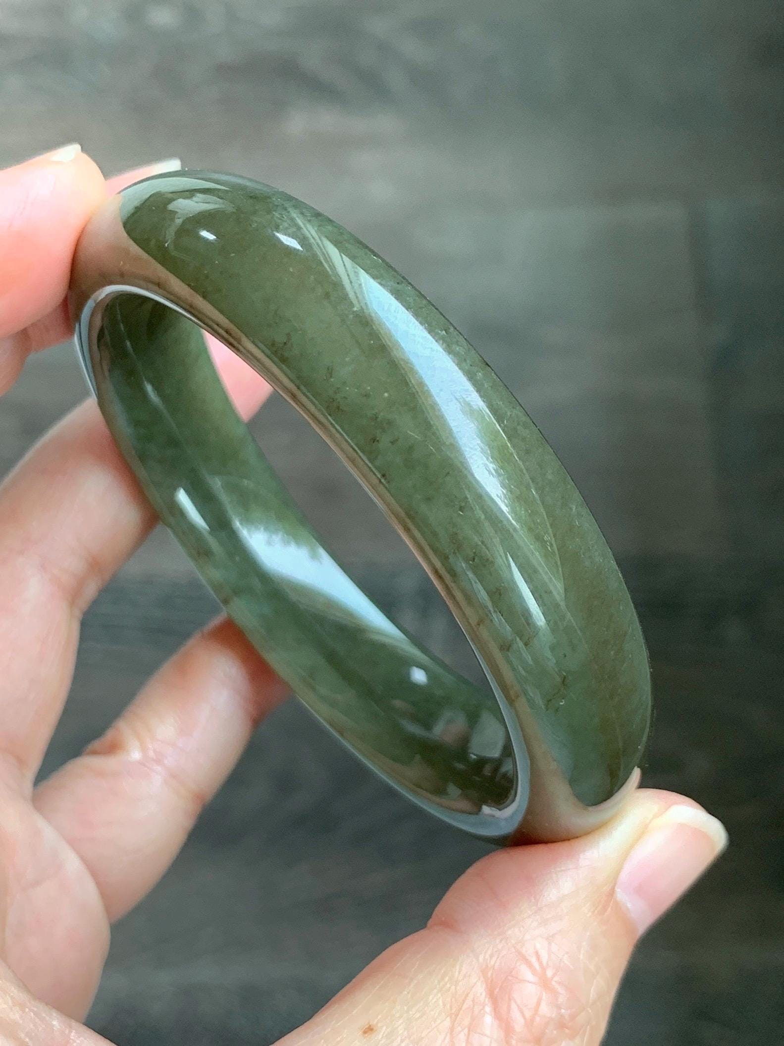 Certified Natural Nephrite Jade Translucent Dark Brown Olive Green Wide Bangle Bracelet 56.8mm 7” 60 grams 天然和田玉轮胎宽手镯 1197