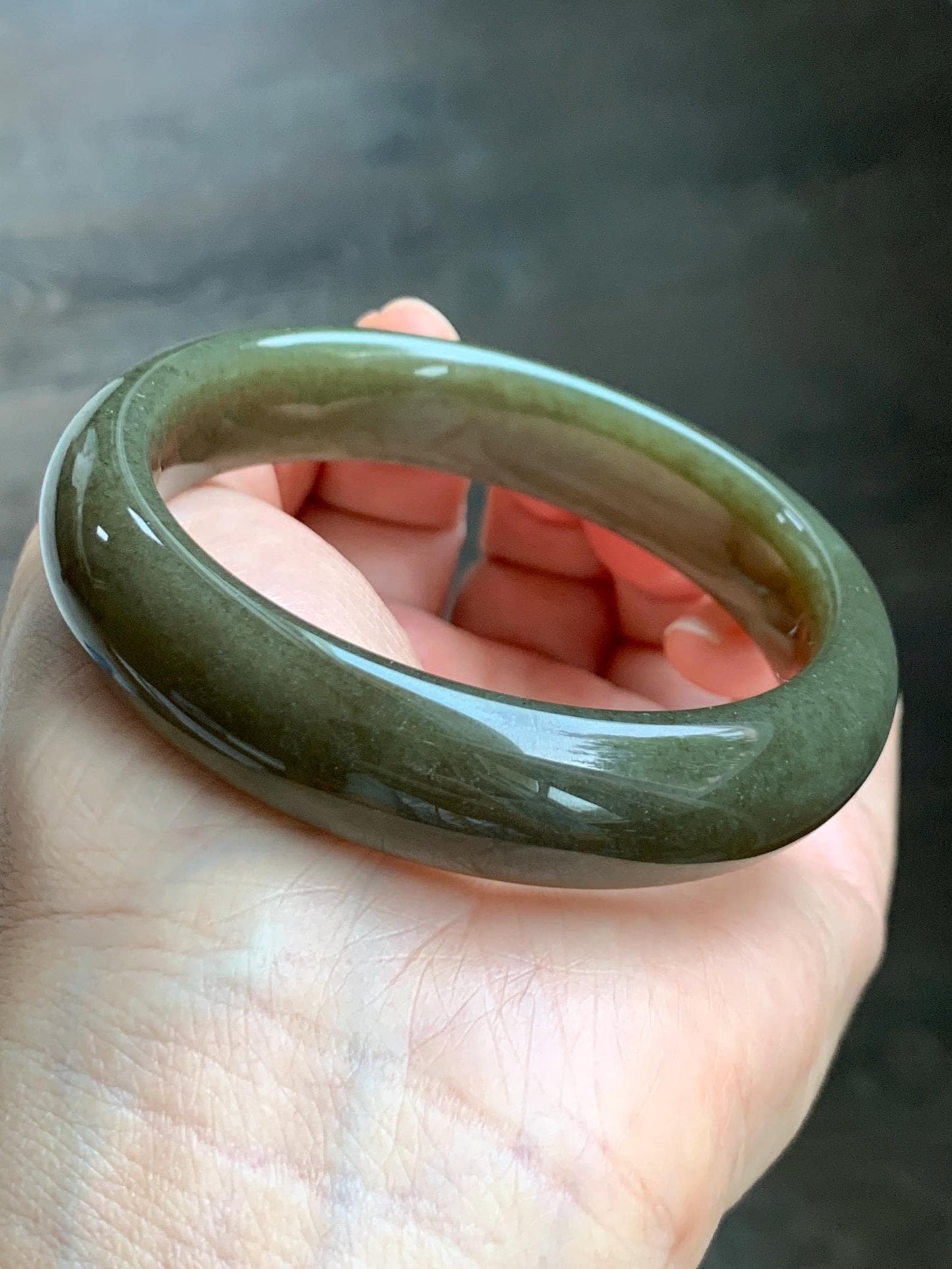 Certified Natural Nephrite Jade Translucent Dark Brown Olive Green Wide Bangle Bracelet 56.8mm 7” 60 grams 天然和田玉轮胎宽手镯 1197