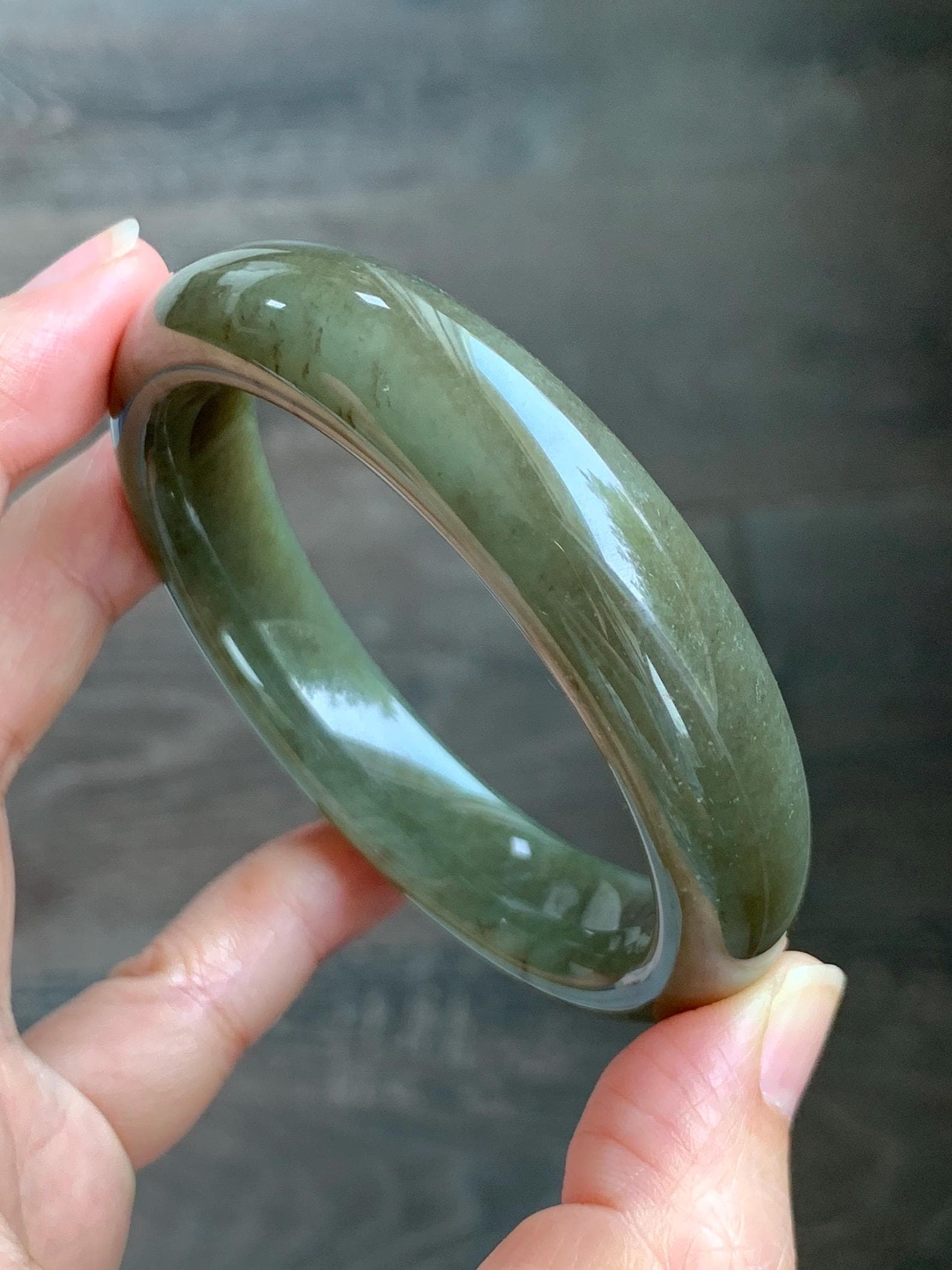 Certified Natural Nephrite Jade Translucent Dark Brown Olive Green Wide Bangle Bracelet 56.8mm 7” 60 grams 天然和田玉轮胎宽手镯 1197