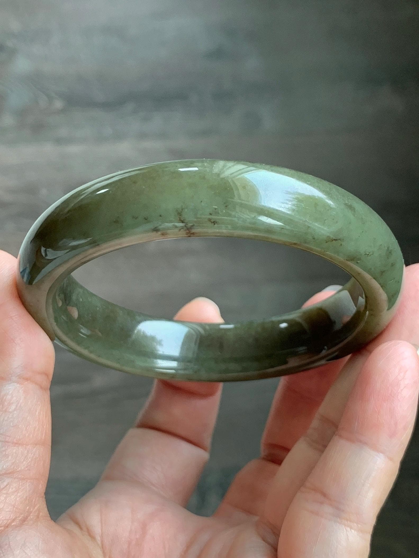 Certified Natural Nephrite Jade Translucent Dark Brown Olive Green Wide Bangle Bracelet 56.8mm 7” 60 grams 天然和田玉轮胎宽手镯 1197