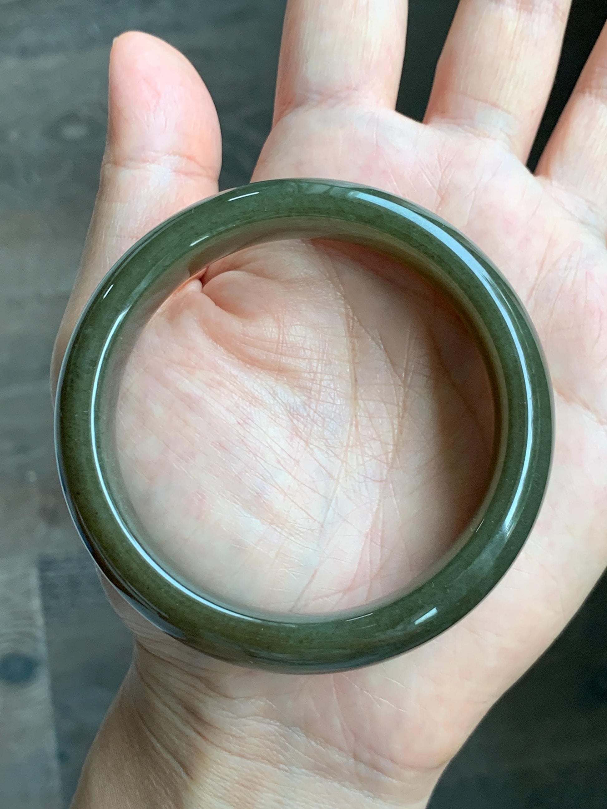 Certified Natural Nephrite Jade Translucent Dark Brown Olive Green Wide Bangle Bracelet 56.8mm 7” 60 grams 天然和田玉轮胎宽手镯 1197