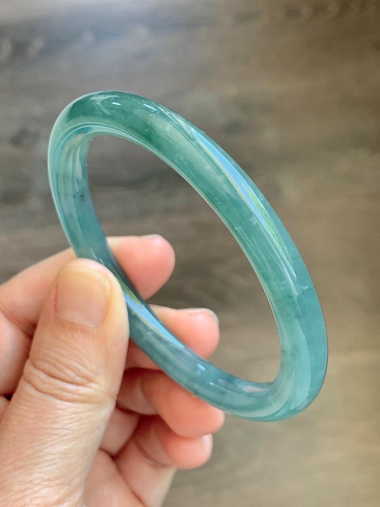 Certified Natural Grade A Guatemalan Icy Translucent Teal Blue Jade Jadeite Bangle Bracelet 56.8mm 7” 32g 天然冰危蓝绿圆条翡翠手镯 212